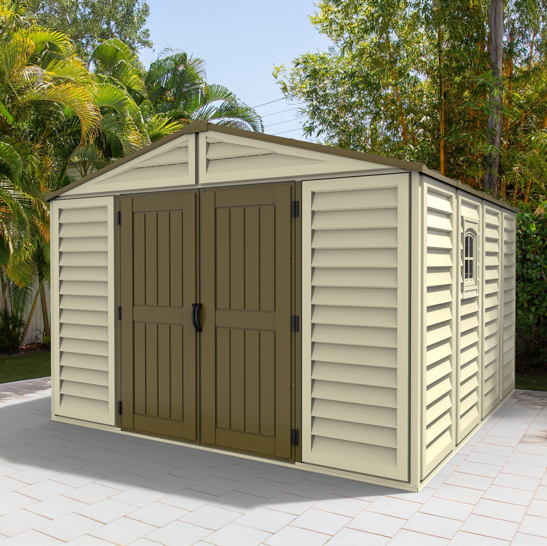 DuraMax 10.5ft x 10.5 ft Woodbridge Plus Plastic Vinyl Shed w/ Foundation Kit & Window 40224