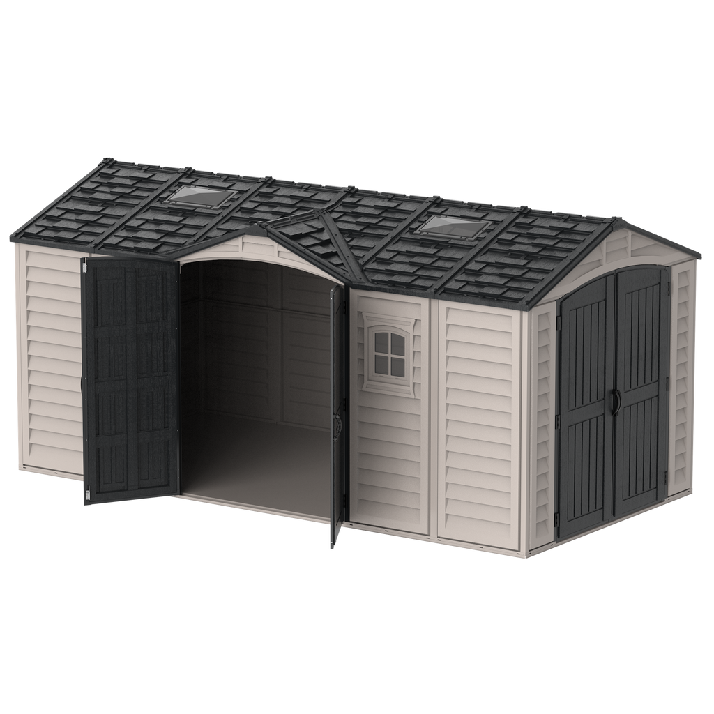 Duramax 15 x 8 Apex Pro Plastic Vinyl Shed with Foundation, 2 Windows and 2 Doors 40216
