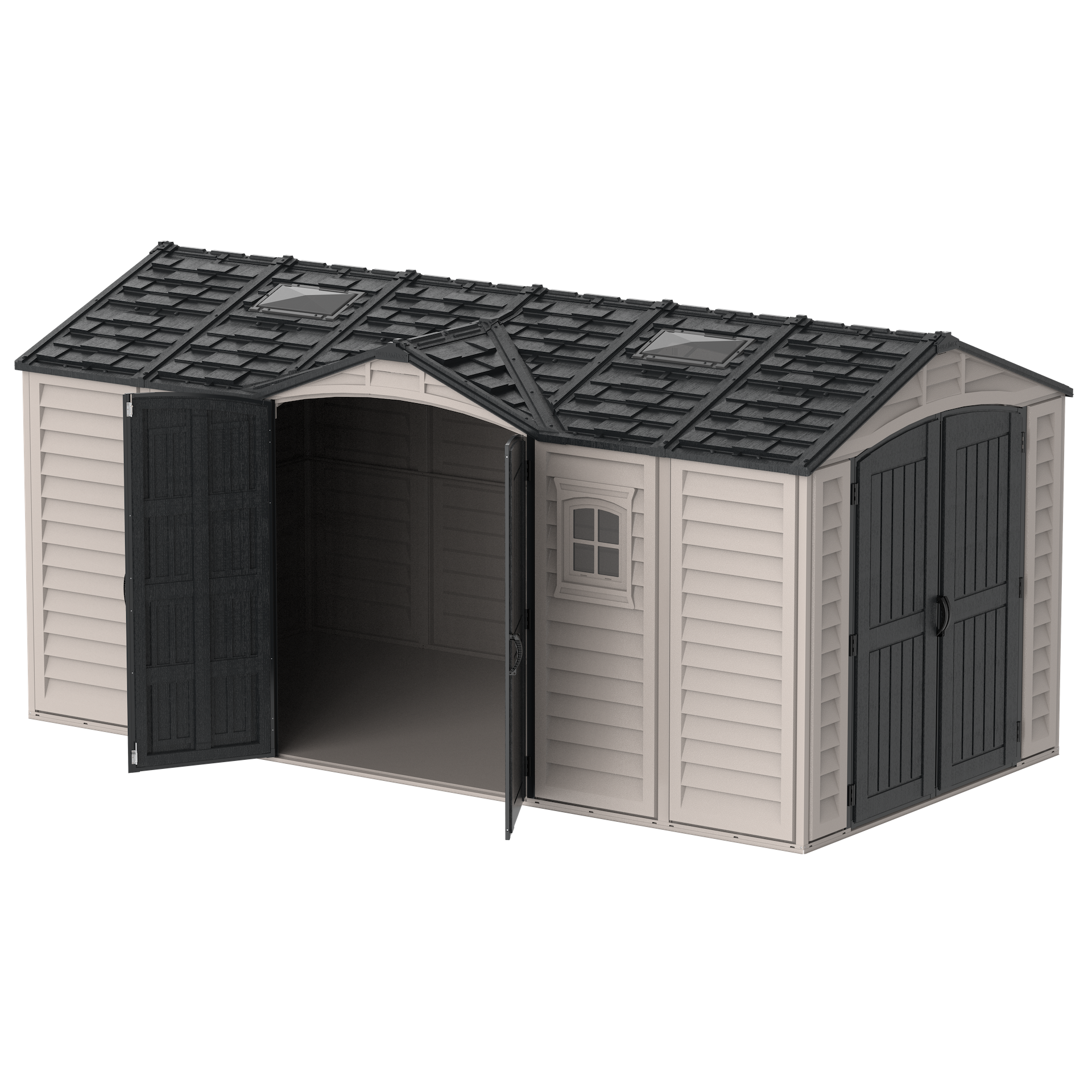 Duramax 15 x 8 Apex Pro Plastic Vinyl Shed with Foundation, 2 Windows and 2 Doors 40216