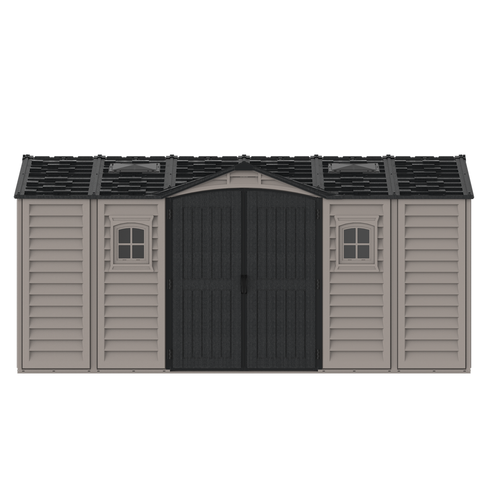 Duramax 15 x 8 Apex Pro Plastic Vinyl Shed with Foundation, 2 Windows and 2 Doors 40216
