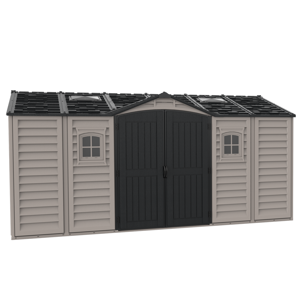 Duramax 15 x 8 Apex Pro Plastic Vinyl Shed with Foundation, 2 Windows and 2 Doors 40216