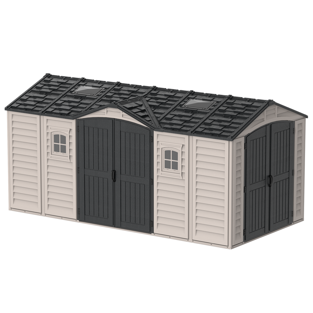 Duramax 15 x 8 Apex Pro Plastic Vinyl Shed with Foundation, 2 Windows and 2 Doors 40216