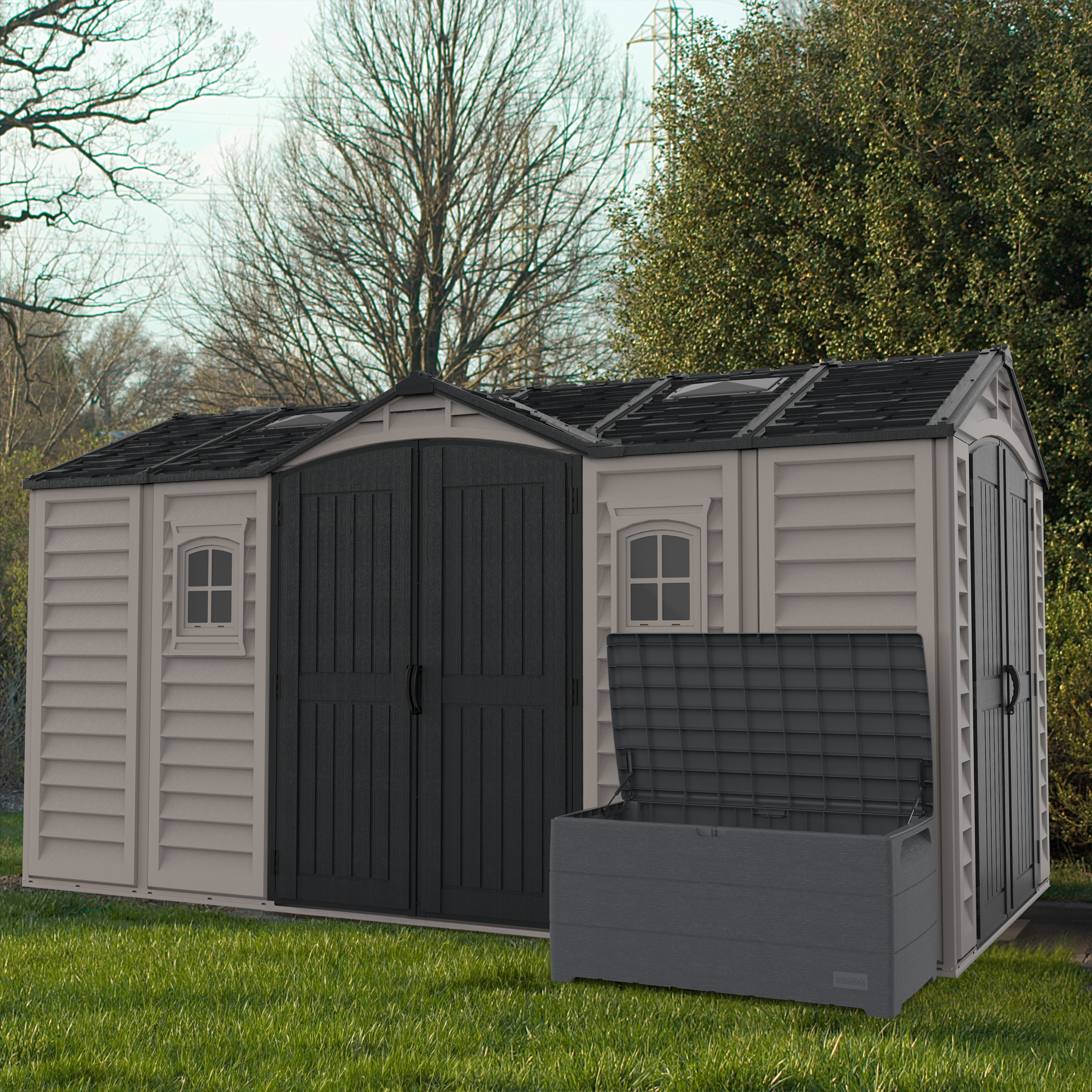 Duramax 15 x 8 Apex Pro Plastic Vinyl Shed with Foundation, 2 Windows and 2 Doors 40216