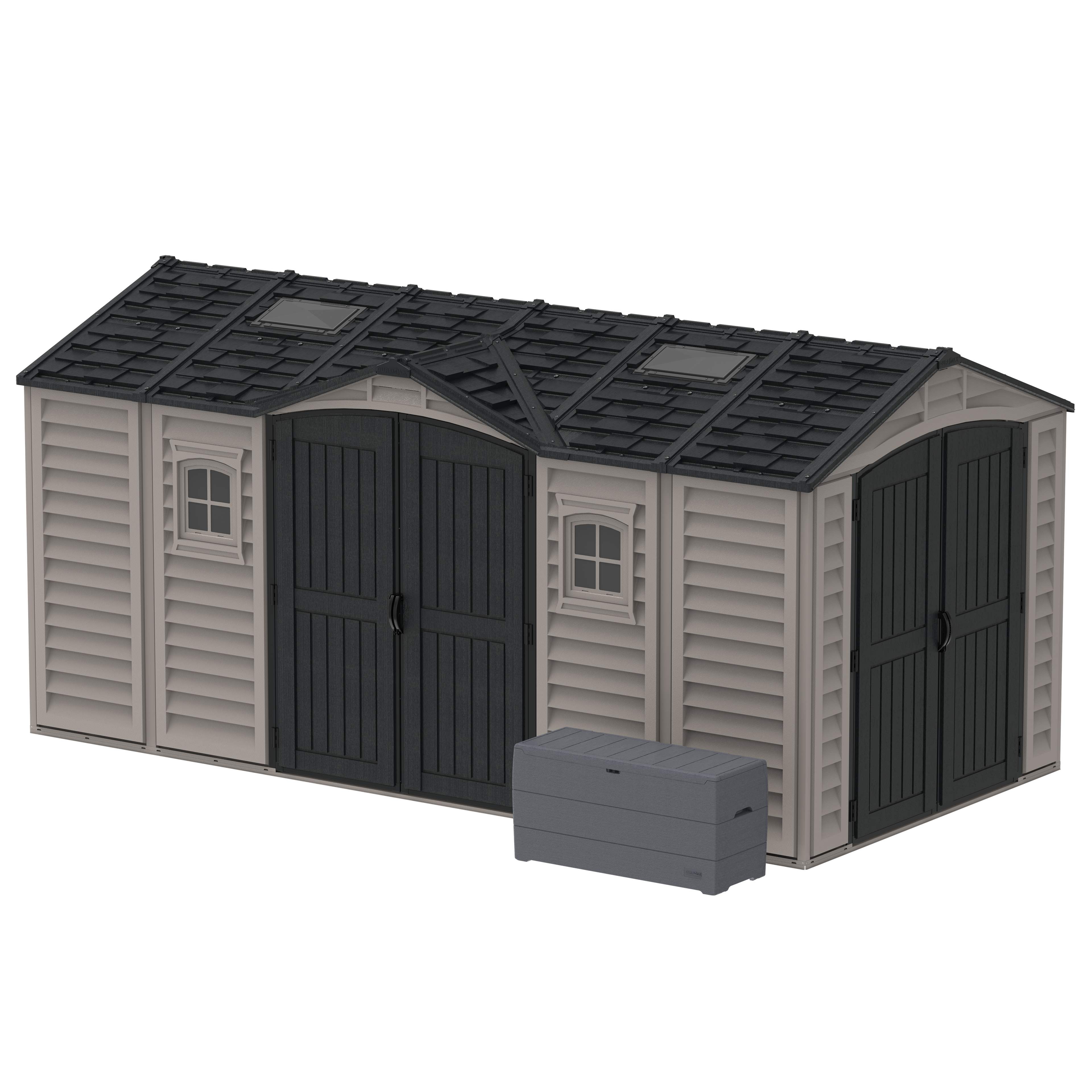 Duramax 15 x 8 Apex Pro Plastic Vinyl Shed with Foundation, 2 Windows and 2 Doors 40216