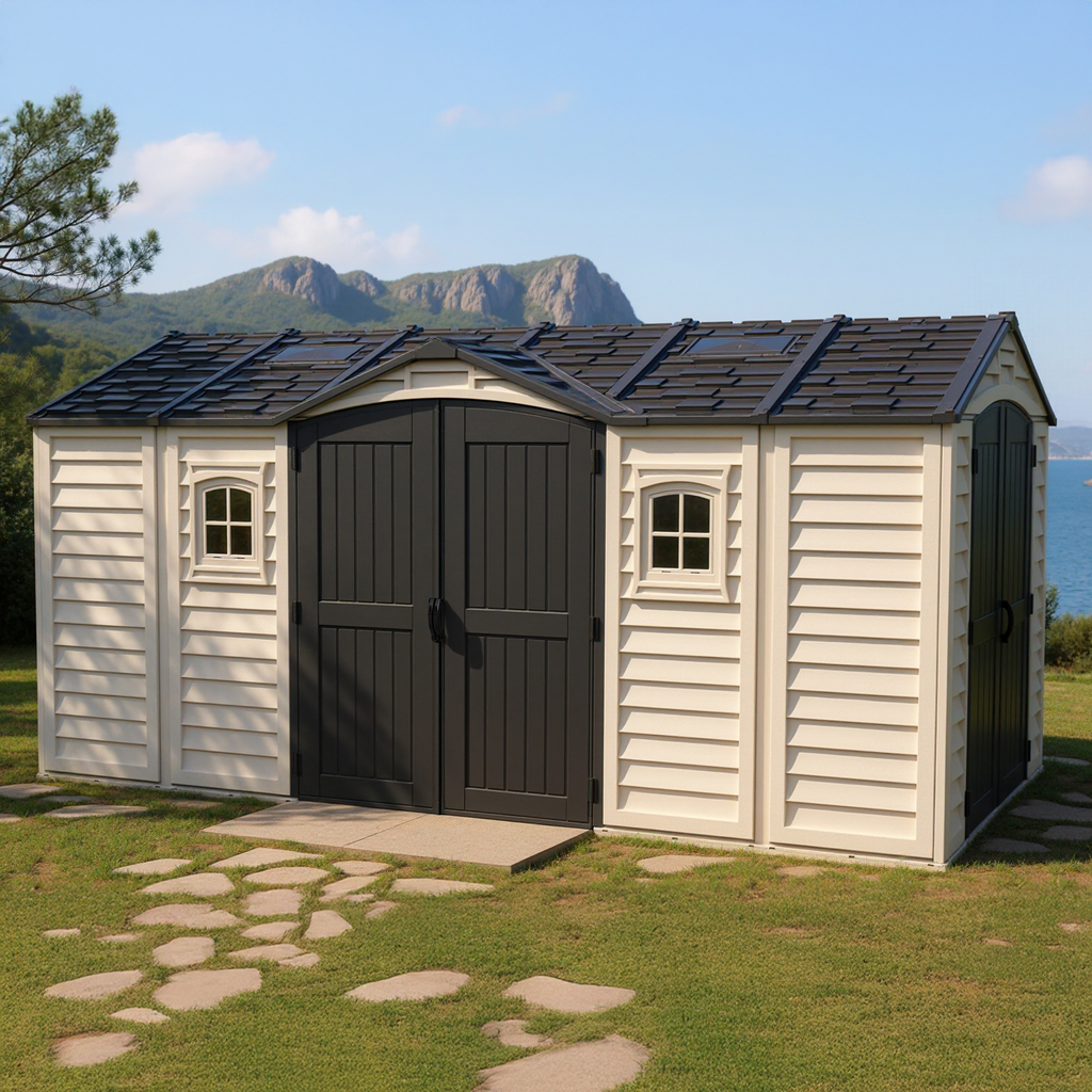 Duramax 15 x 8 Apex Pro Plastic Vinyl Shed with Foundation, 2 Windows and 2 Doors 40216
