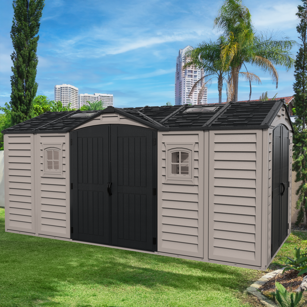 Duramax 15 x 8 Apex Pro Plastic Vinyl Shed with Foundation, 2 Windows and 2 Doors 40216