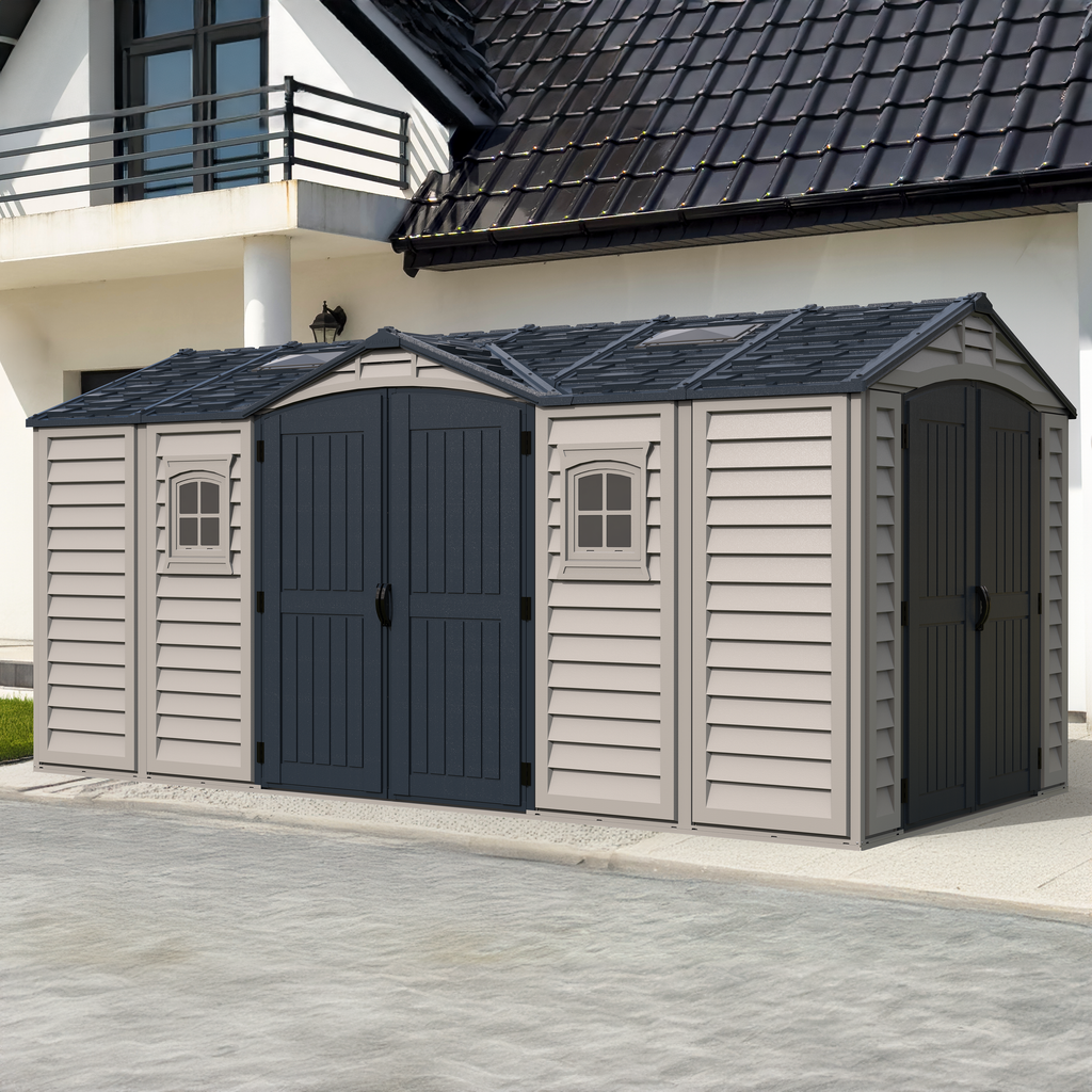 Duramax 15 x 8 Apex Pro Plastic Vinyl Shed with Foundation, 2 Windows and 2 Doors 40216