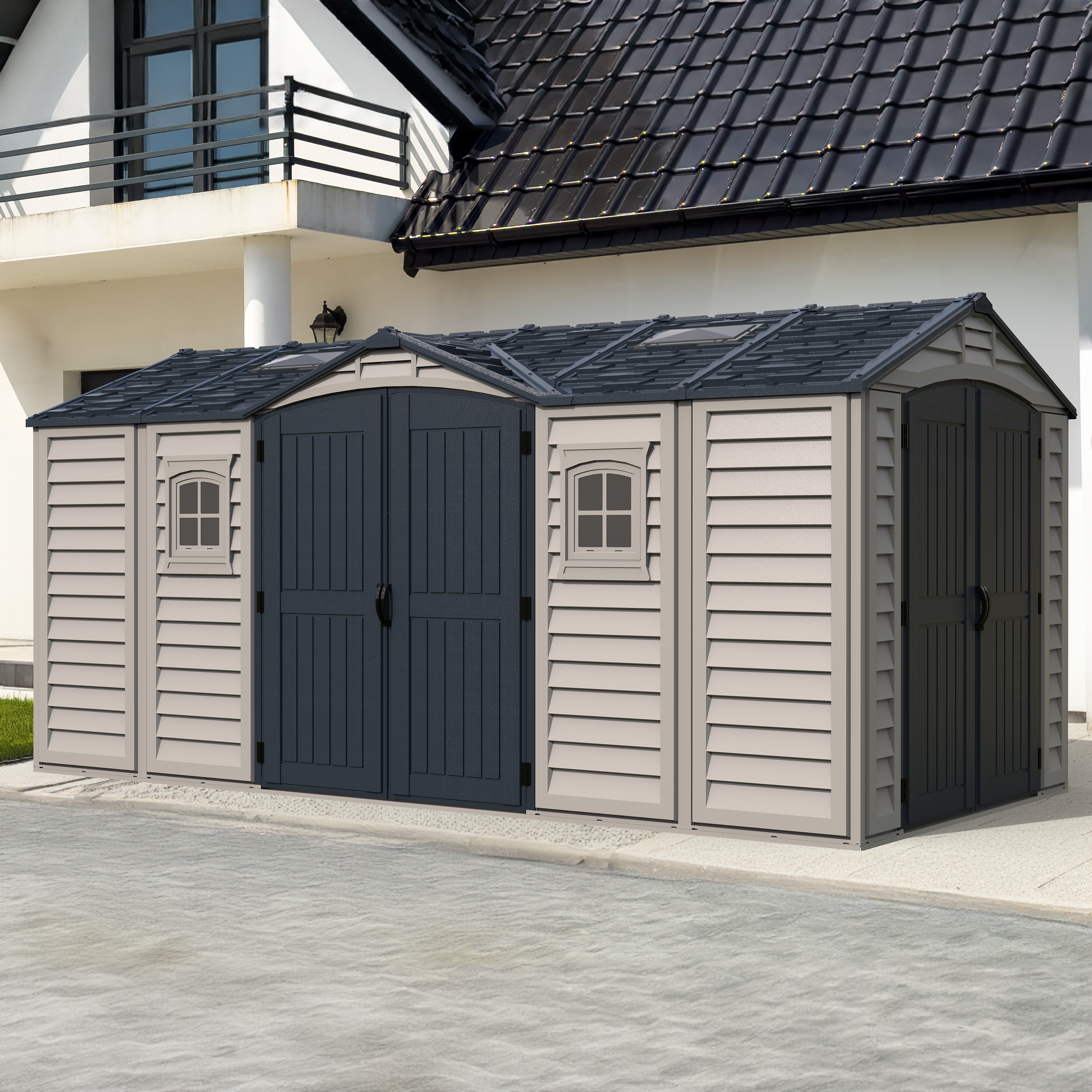 Duramax 15 x 8 Apex Pro Plastic Vinyl Shed with Foundation, 2 Windows and 2 Doors 40216