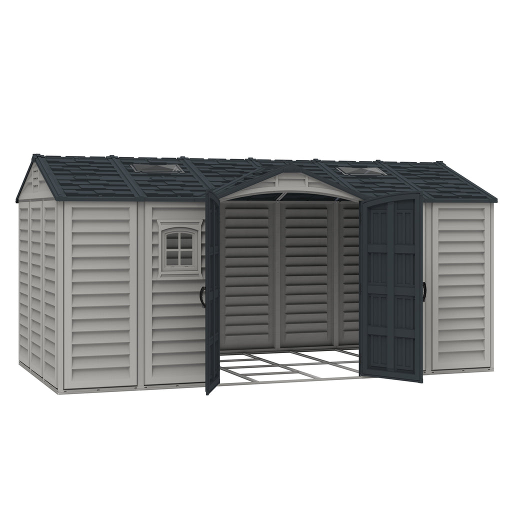 Duramax 15 x 8 Apex Pro Plastic Vinyl Shed with Foundation, 2 Windows and 2 Doors 40216