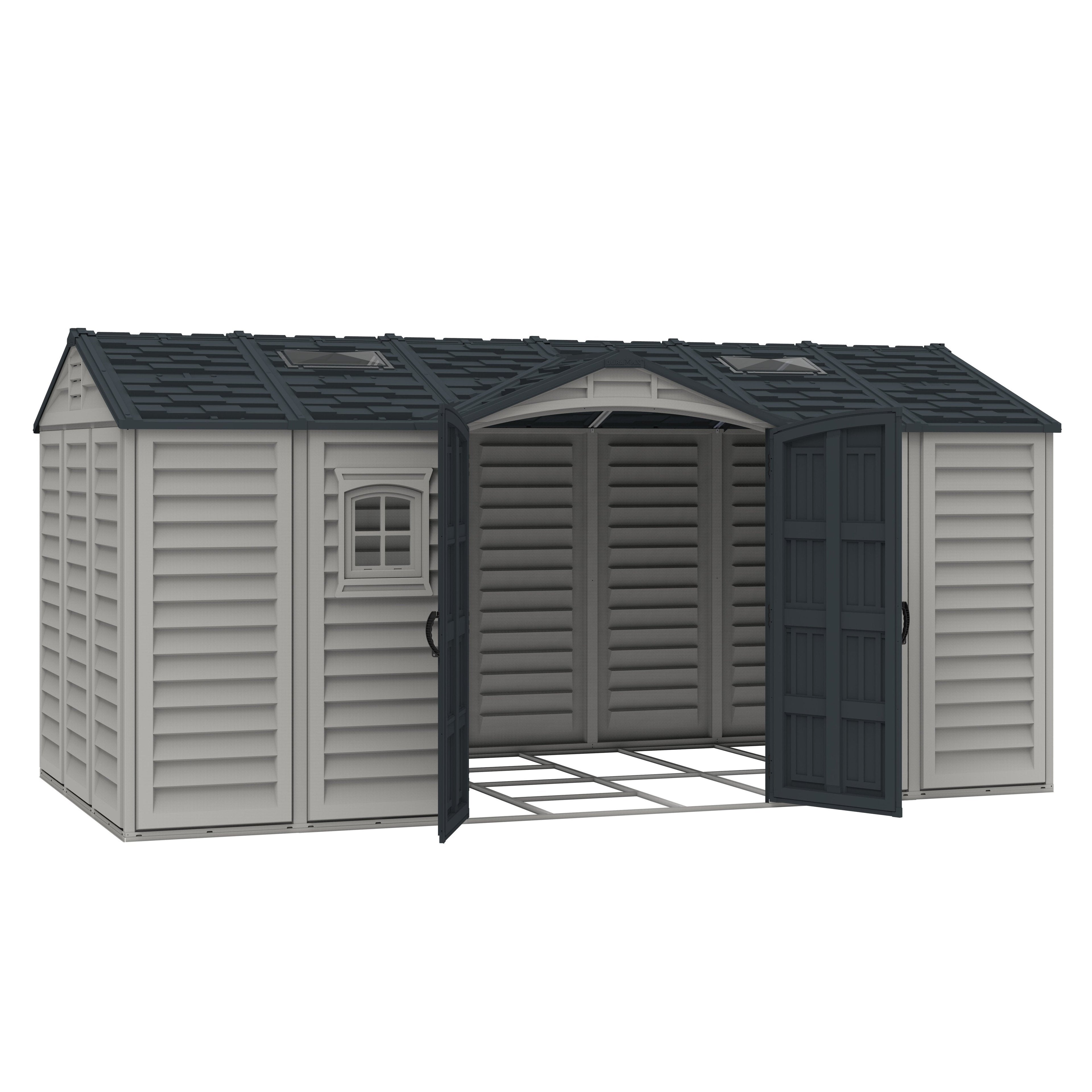 Duramax 15 x 8 Apex Pro Plastic Vinyl Shed with Foundation, 2 Windows and 2 Doors 40216