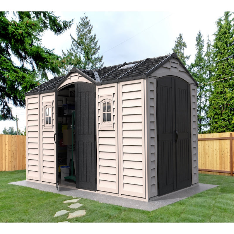 Duramax 15 x 8 Apex Pro Plastic Vinyl Shed with Foundation, 2 Windows and 2 Doors 40216
