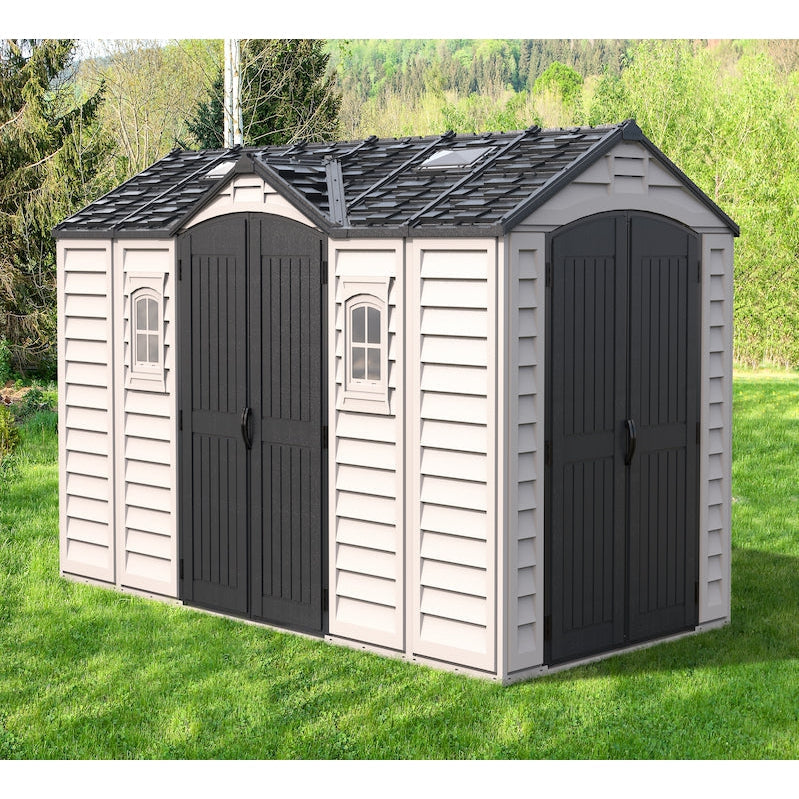 Duramax 15 x 8 Apex Pro Plastic Vinyl Shed with Foundation, 2 Windows and 2 Doors 40216