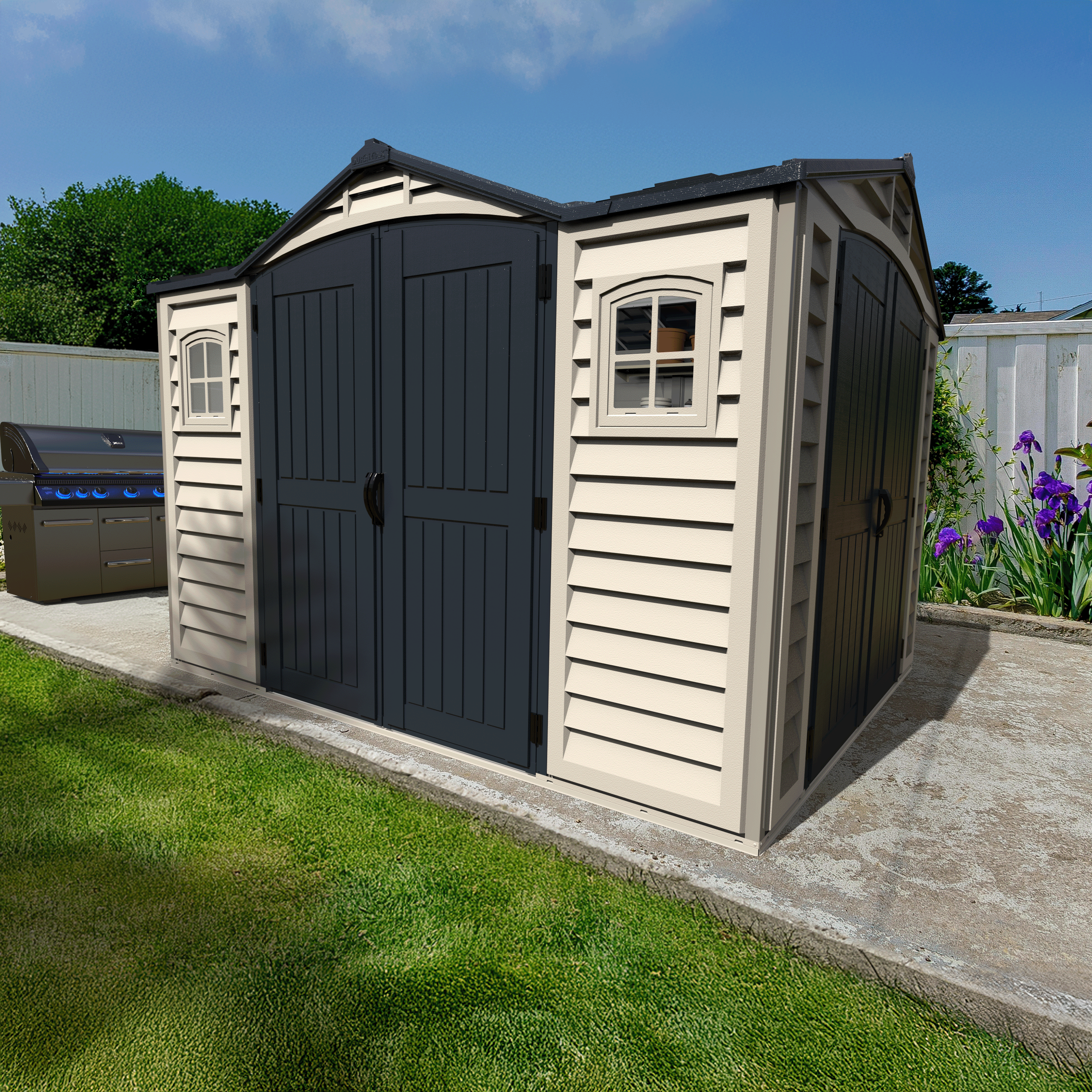 Duramax Apex Pro 10.5'X8' Plastic Vinyl Shed with Foundation, 2 Windows and Side Door 40116