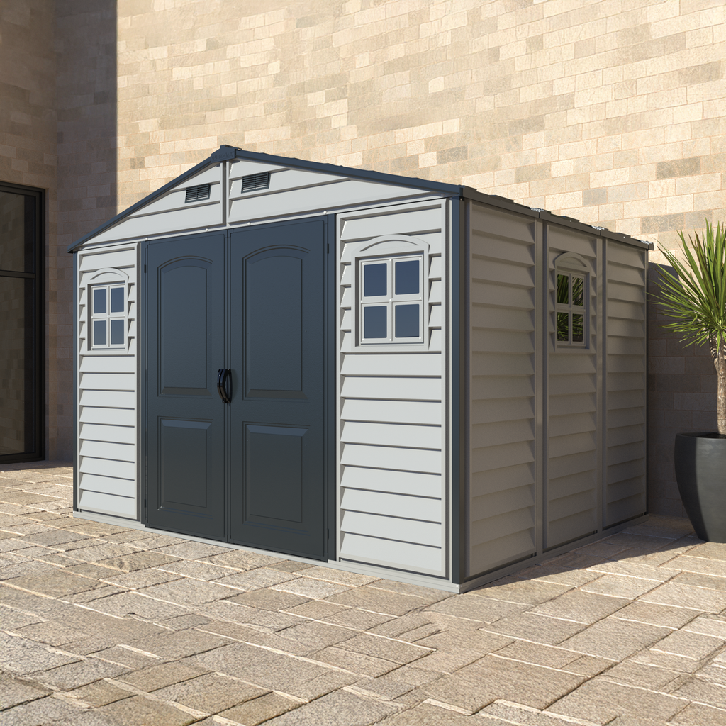 Duramax Woodside Plus 10.5x8 Plastic Vinyl Resin Outdoor Storage Shed With Foundation Kit 30227
