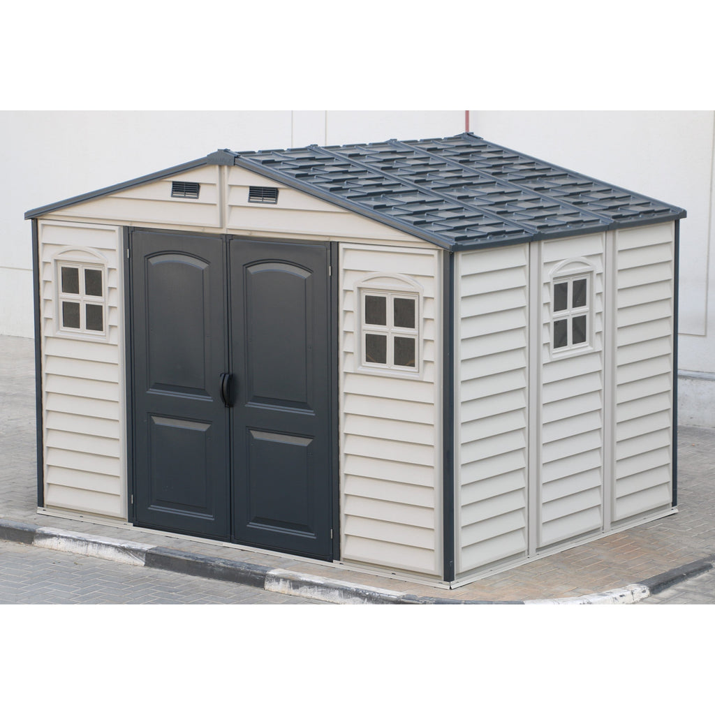 Duramax Woodside Plus 10.5x8 Plastic Vinyl Resin Outdoor Storage Shed With Foundation Kit 30227