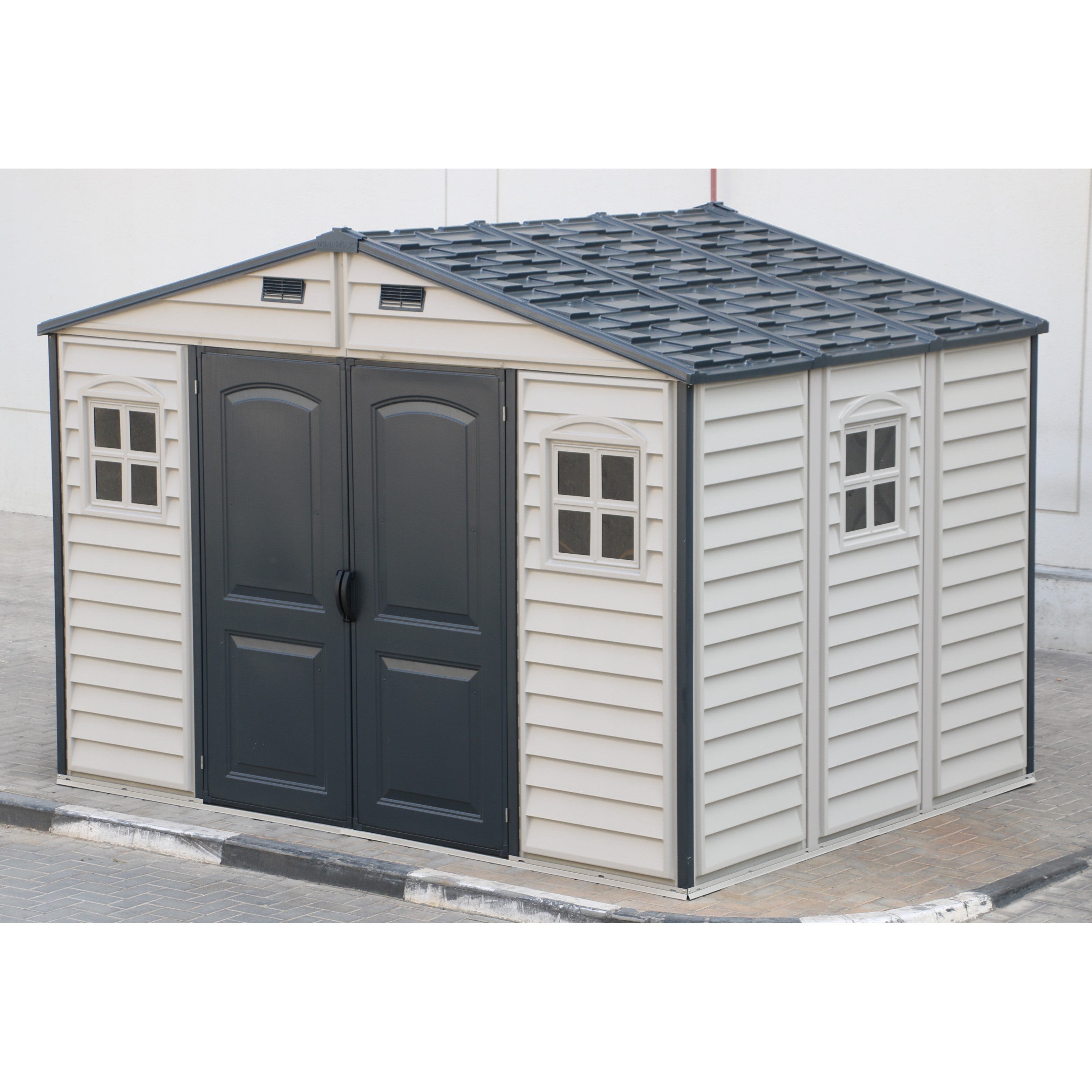 Duramax Woodside Plus 10.5x8 Plastic Vinyl Resin Outdoor Storage Shed With Foundation Kit 30227