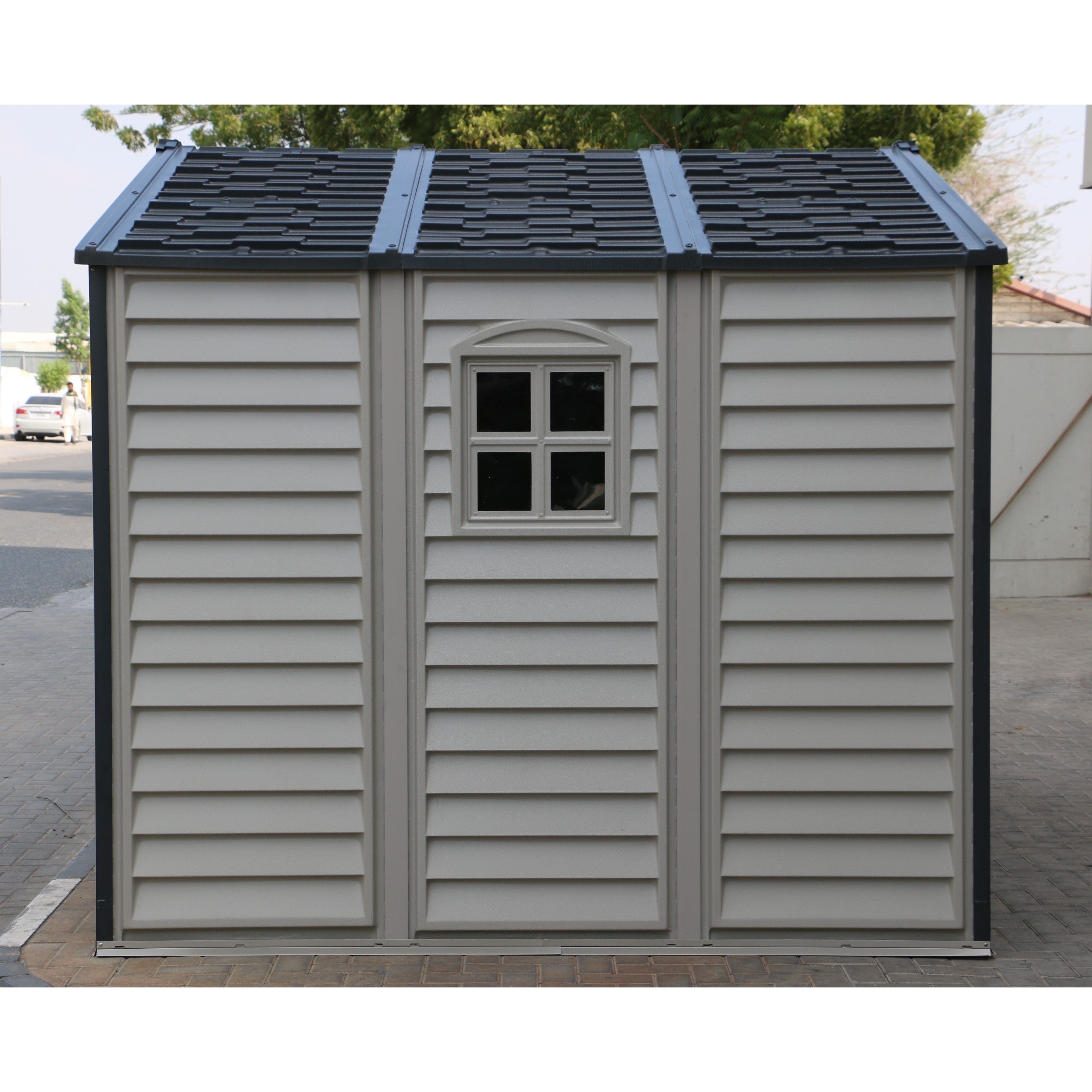 Duramax Woodside Plus 10.5x8 Plastic Vinyl Resin Outdoor Storage Shed With Foundation Kit 30227