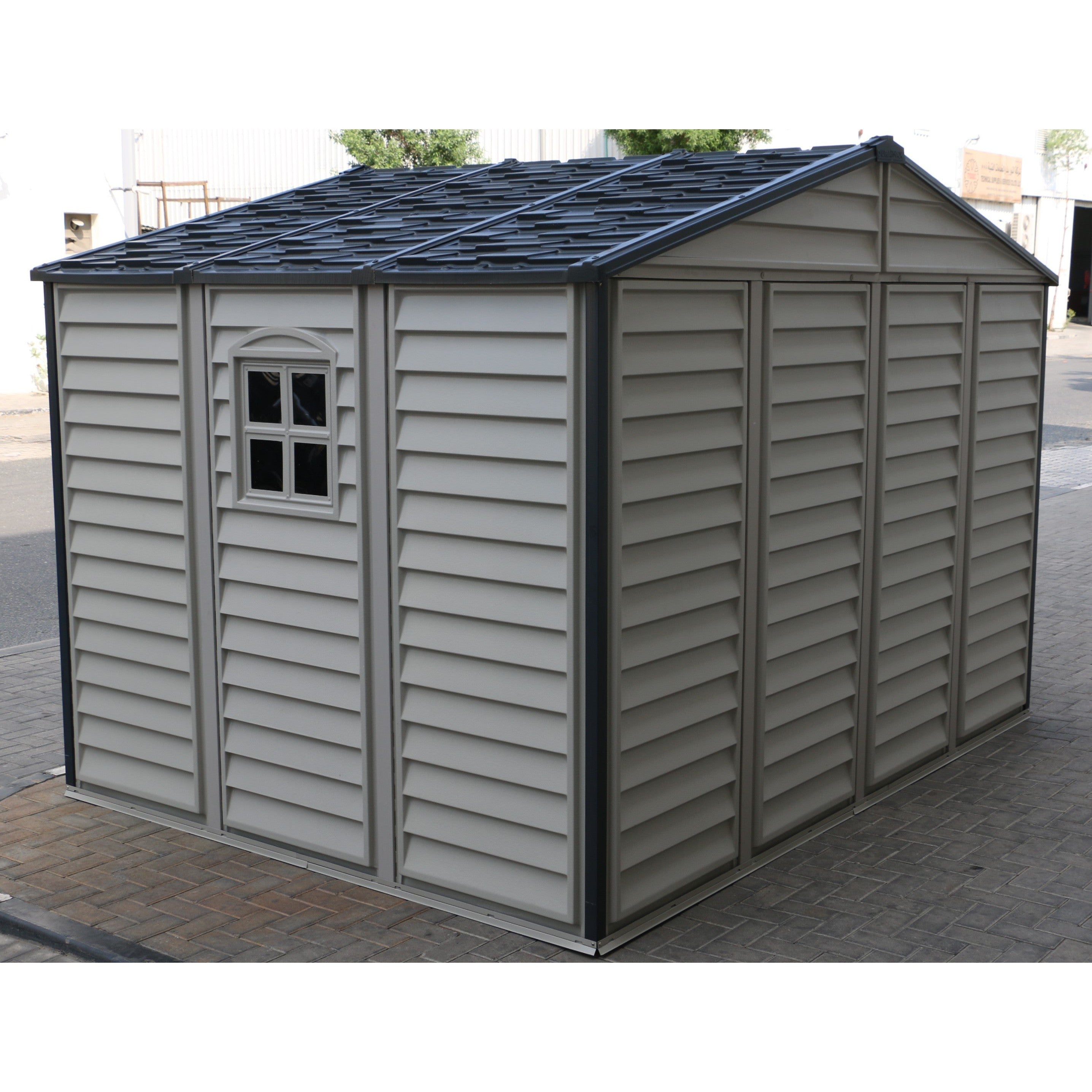 Duramax Woodside Plus 10.5x8 Plastic Vinyl Resin Outdoor Storage Shed With Foundation Kit 30227