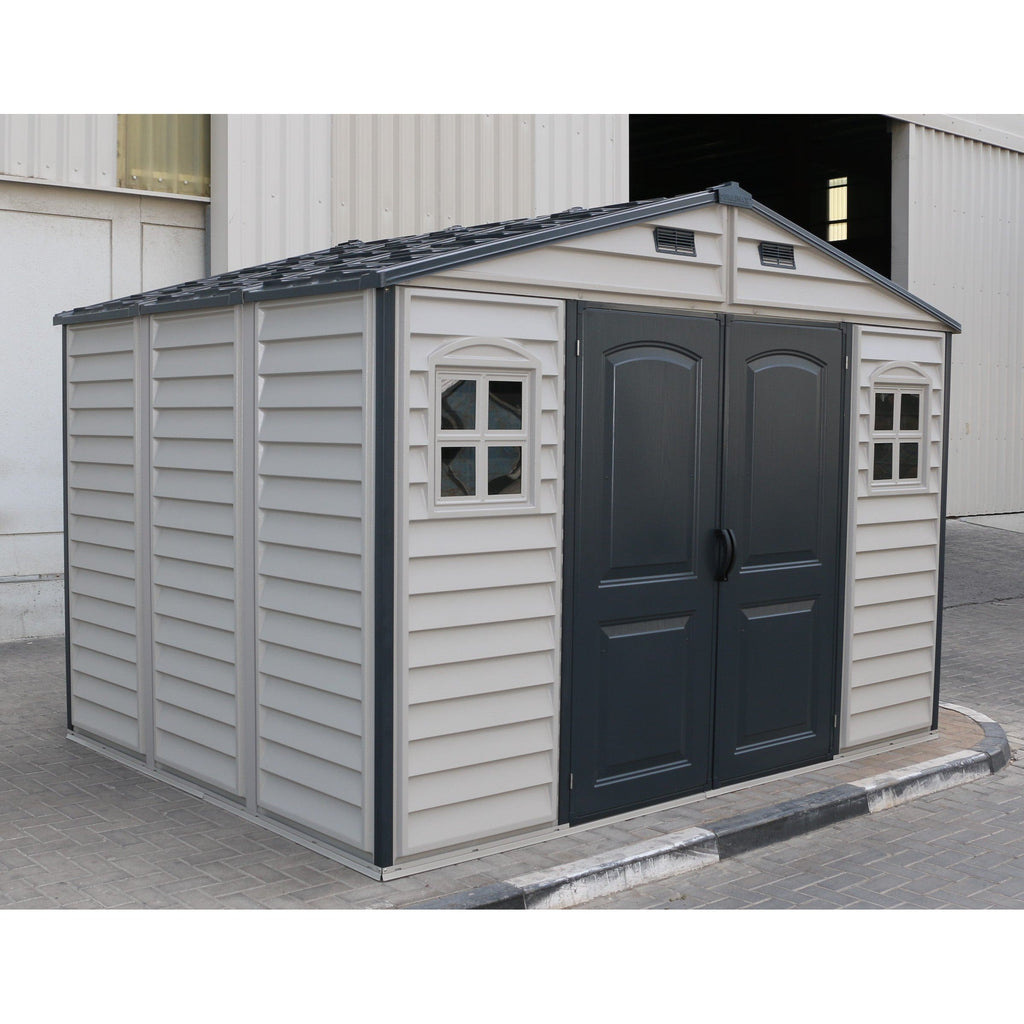Duramax Woodside Plus 10.5x8 Plastic Vinyl Resin Outdoor Storage Shed With Foundation Kit 30227