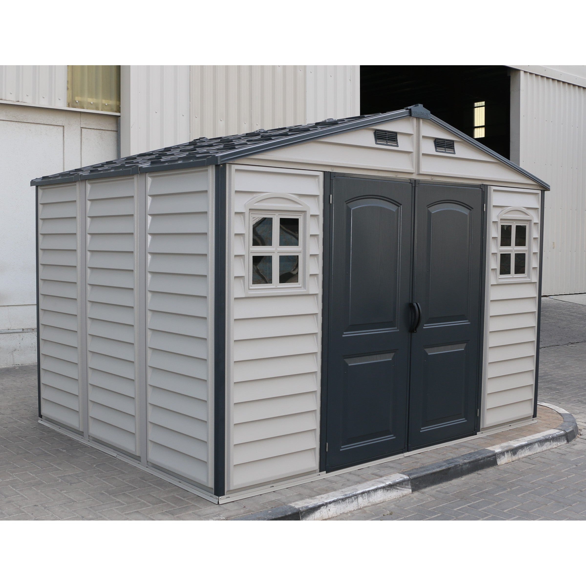 Duramax Woodside Plus 10.5x8 Plastic Vinyl Resin Outdoor Storage Shed With Foundation Kit 30227