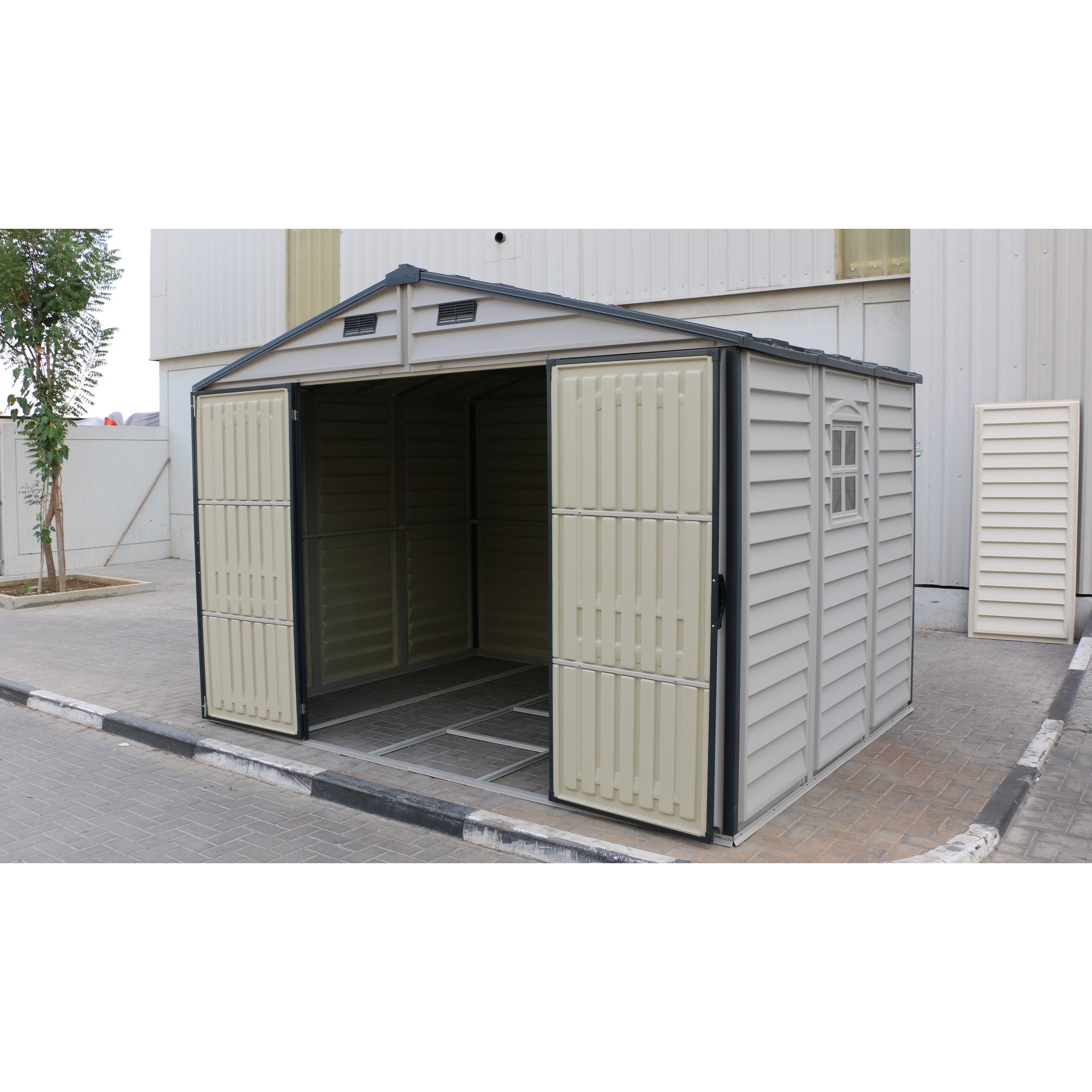 Duramax Woodside Plus 10.5x8 Plastic Vinyl Resin Outdoor Storage Shed With Foundation Kit 30227