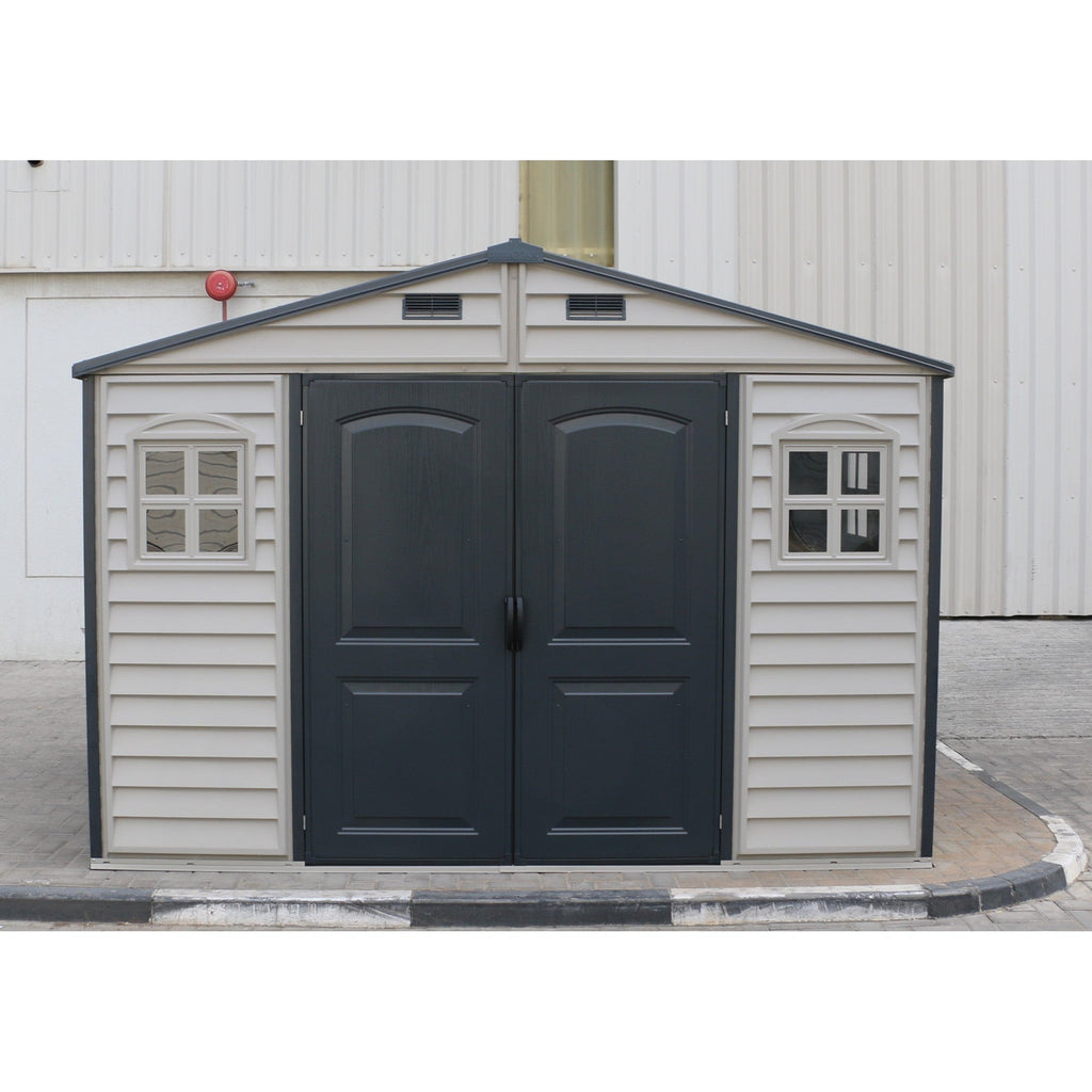 Duramax Woodside Plus 10.5x8 Plastic Vinyl Resin Outdoor Storage Shed With Foundation Kit 30227