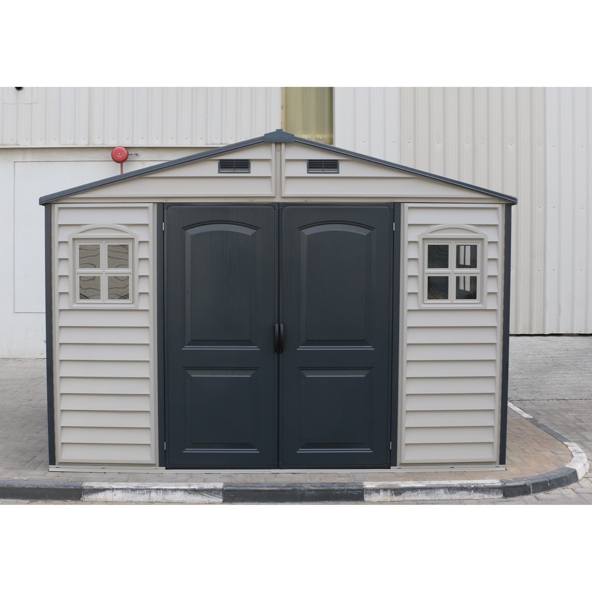 Duramax Woodside Plus 10.5x8 Plastic Vinyl Resin Outdoor Storage Shed With Foundation Kit 30227