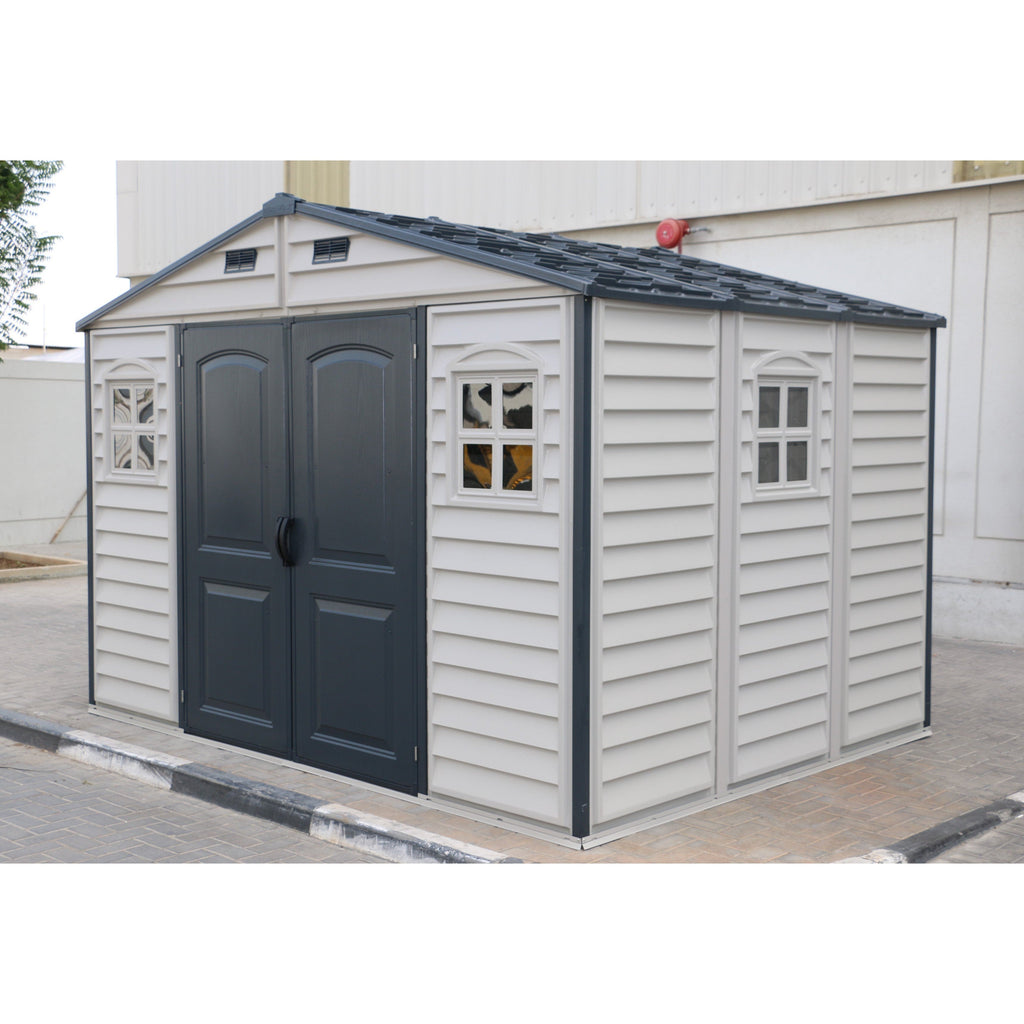 Duramax Woodside Plus 10.5x8 Plastic Vinyl Resin Outdoor Storage Shed With Foundation Kit 30227