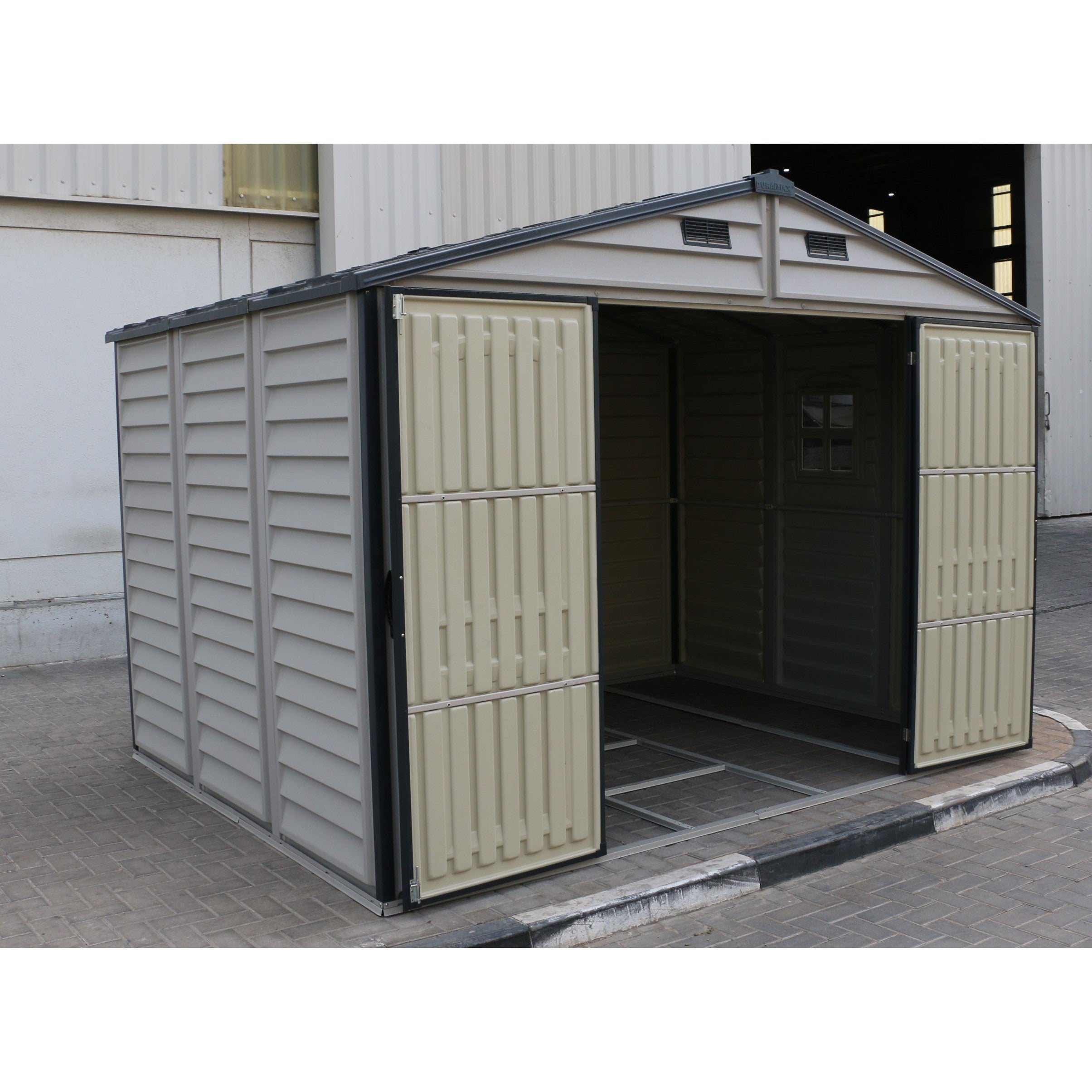 Duramax Woodside Plus 10.5x8 Plastic Vinyl Resin Outdoor Storage Shed With Foundation Kit 30227