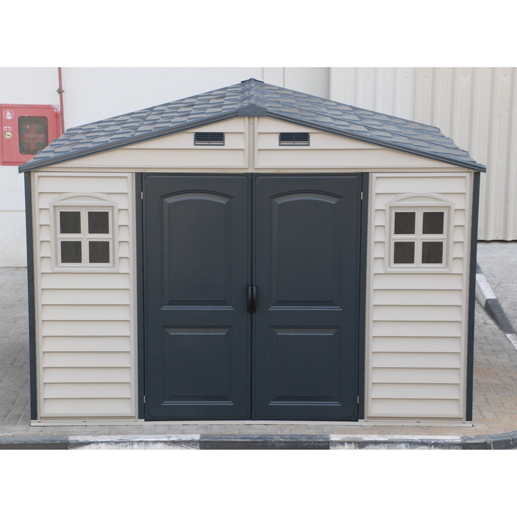 Duramax Woodside Plus 10.5x8 Plastic Vinyl Resin Outdoor Storage Shed With Foundation Kit 30227