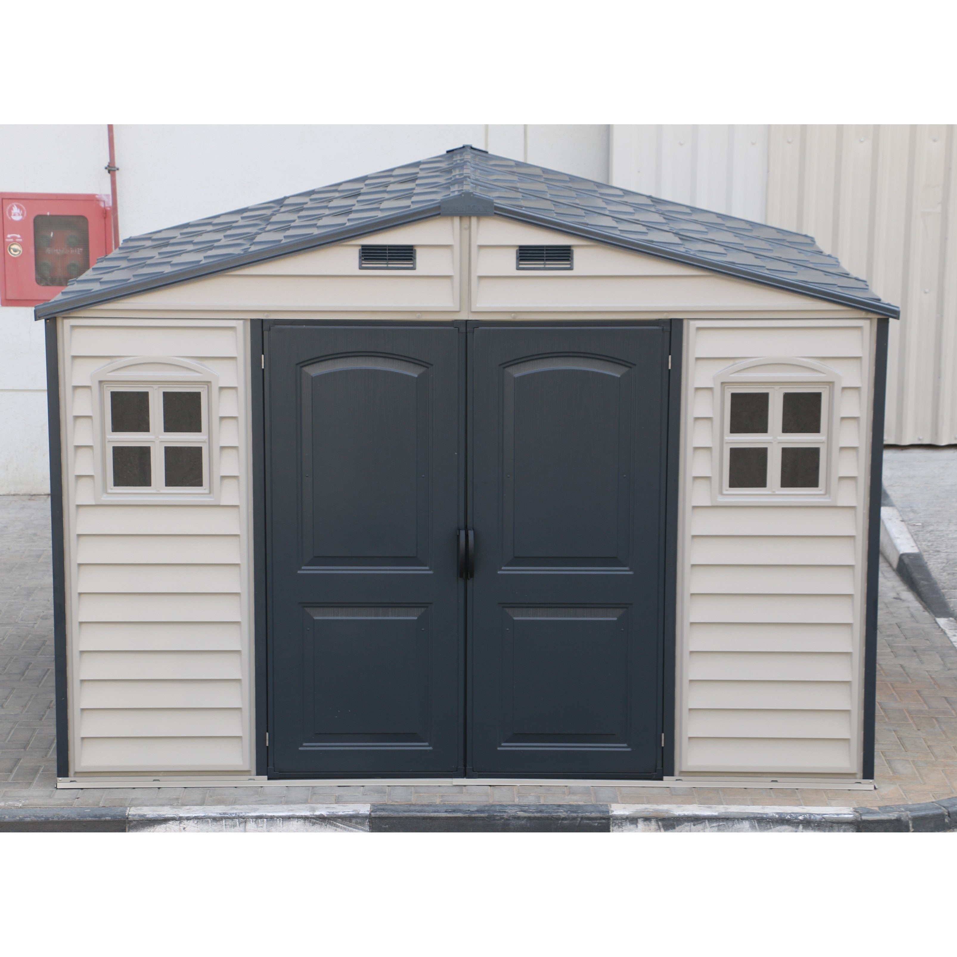 Duramax Woodside Plus 10.5x8 Plastic Vinyl Resin Outdoor Storage Shed With Foundation Kit 30227