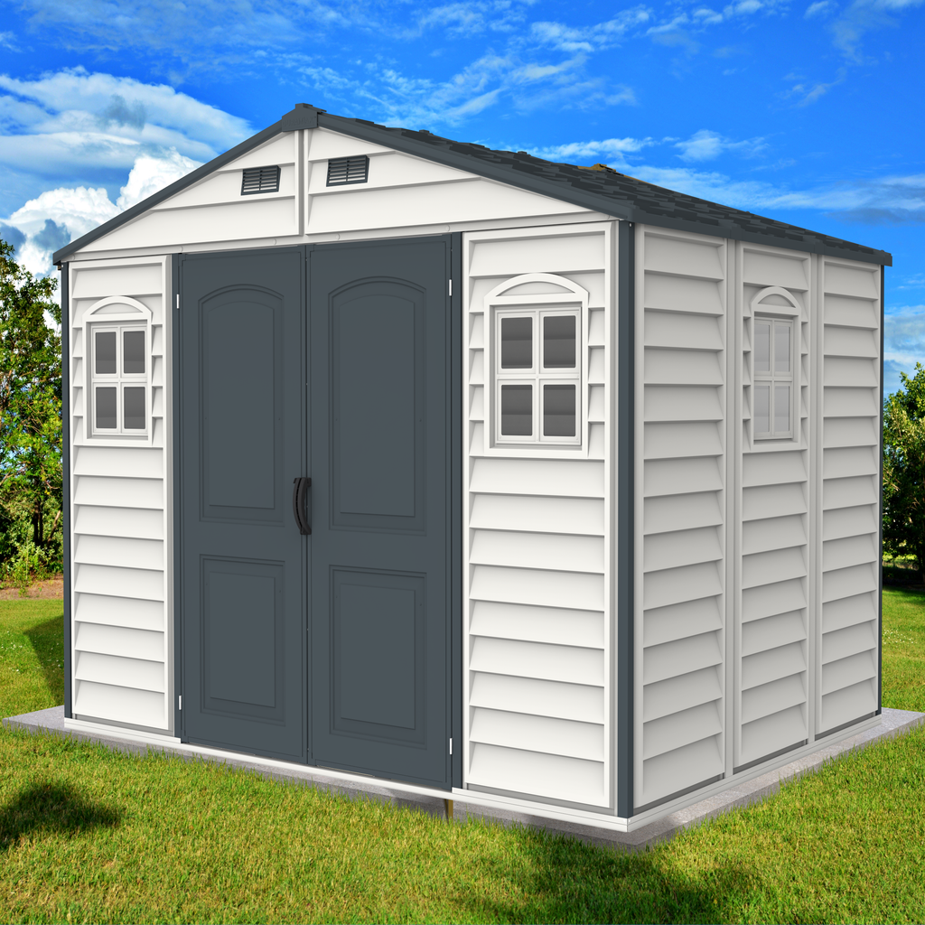 Duramax Woodside Plus 10.5x8 Plastic Vinyl Resin Outdoor Storage Shed With Foundation Kit 30227