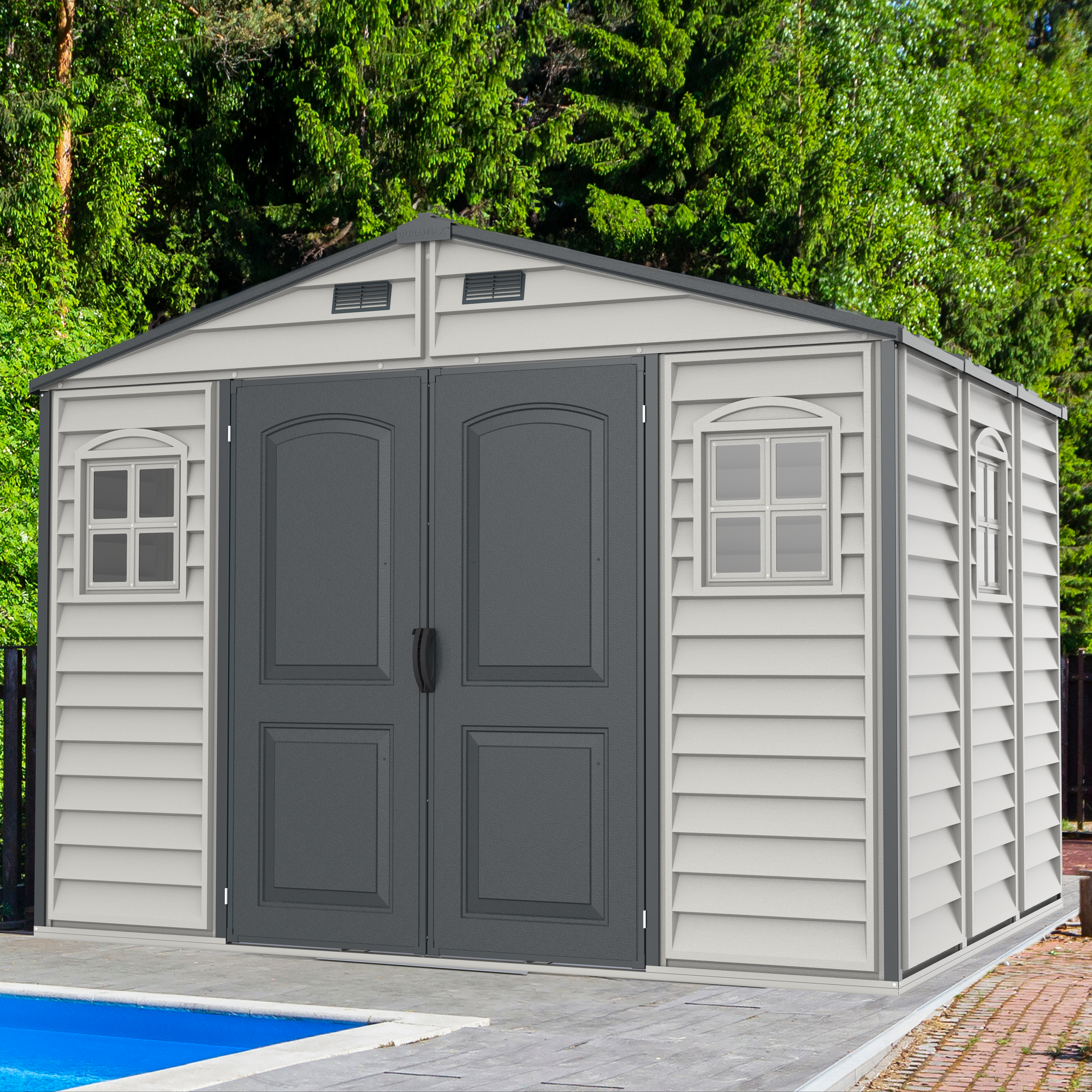 Duramax Woodside Plus 10.5x8 Plastic Vinyl Resin Outdoor Storage Shed With Foundation Kit 30227