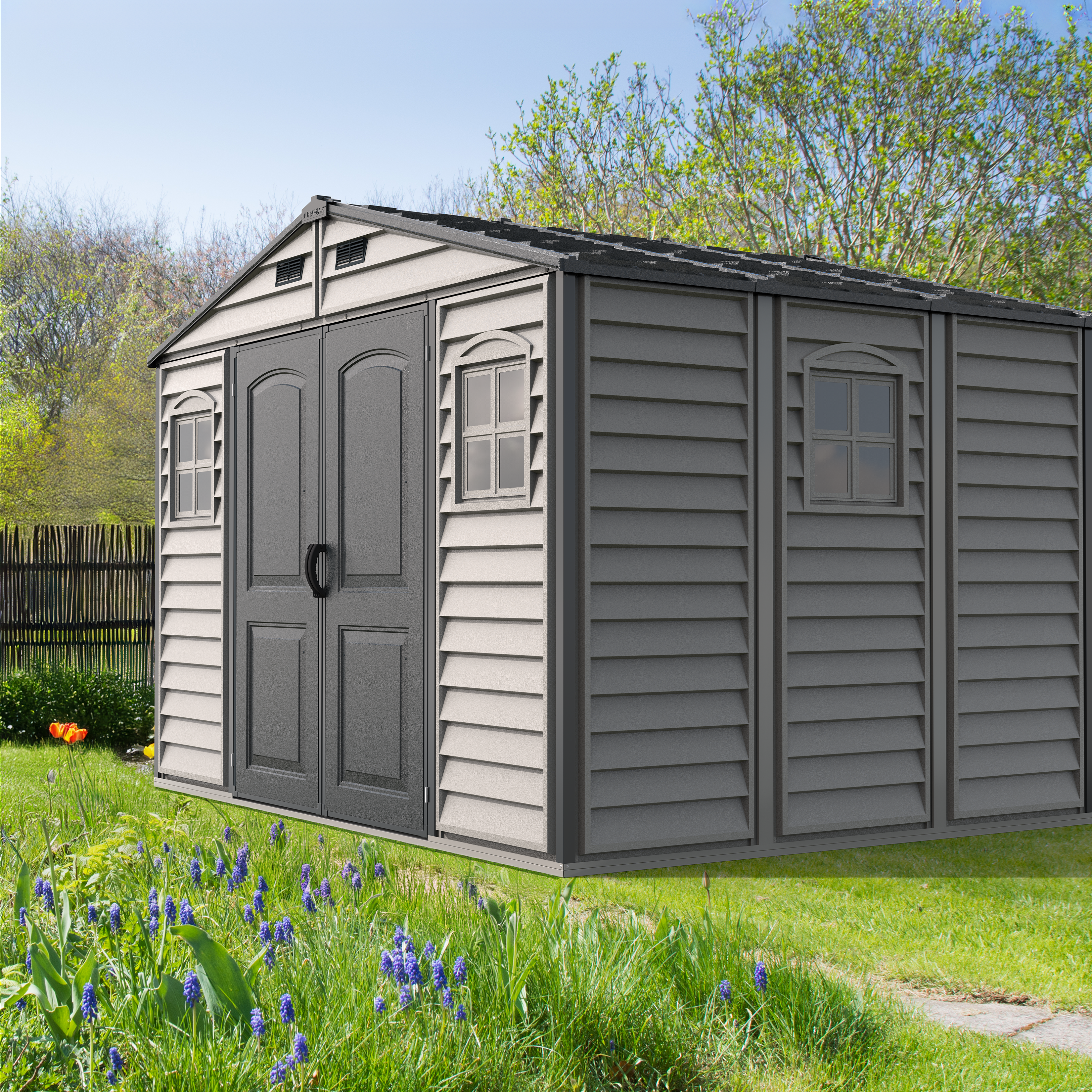 Duramax Woodside Plus 10.5x8 Plastic Vinyl Resin Outdoor Storage Shed With Foundation Kit 30227