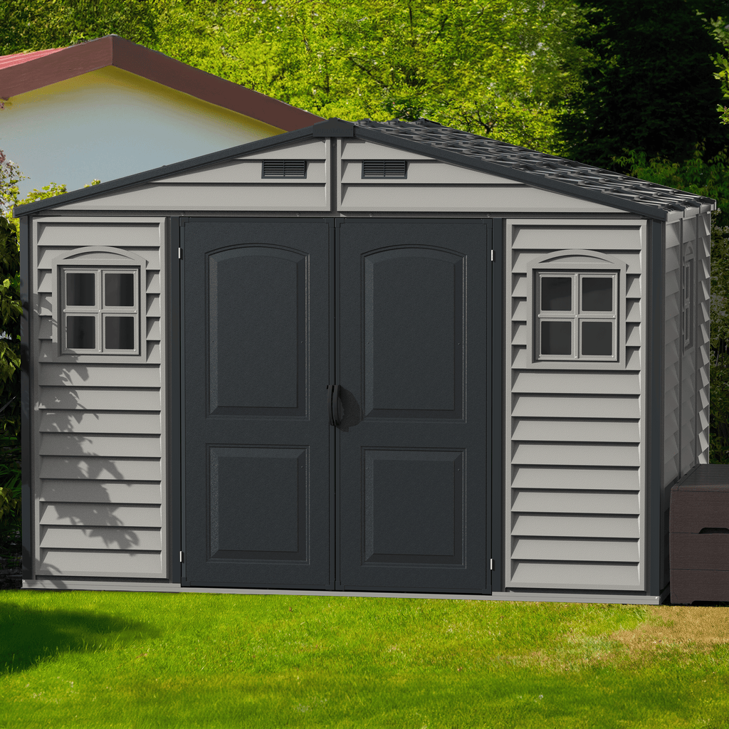 Duramax Woodside Plus 10.5x8 Plastic Vinyl Resin Outdoor Storage Shed With Foundation Kit 30227