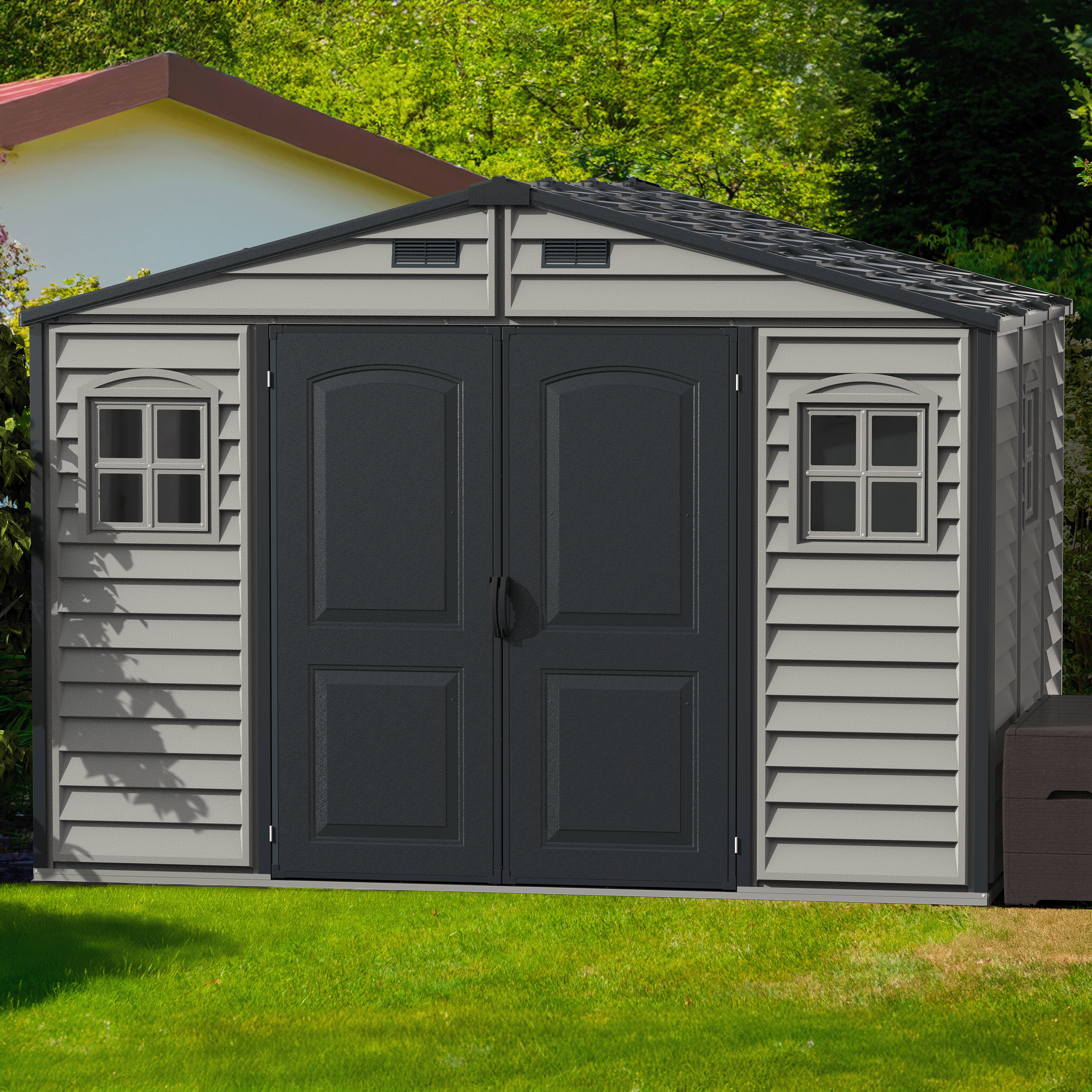 Duramax Woodside Plus 10.5x8 Plastic Vinyl Resin Outdoor Storage Shed With Foundation Kit 30227
