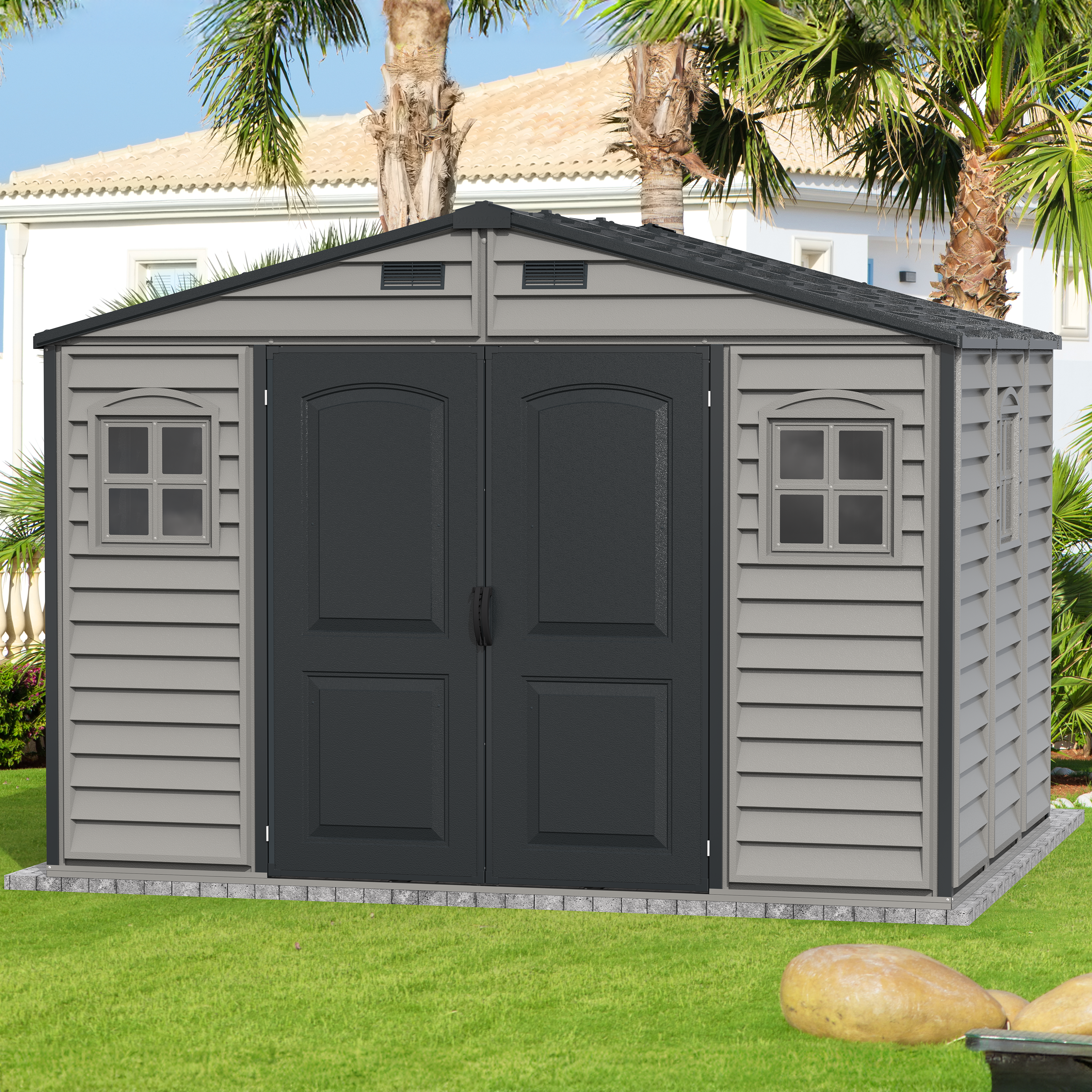 Duramax Woodside Plus 10.5x8 Plastic Vinyl Resin Outdoor Storage Shed With Foundation Kit 30227