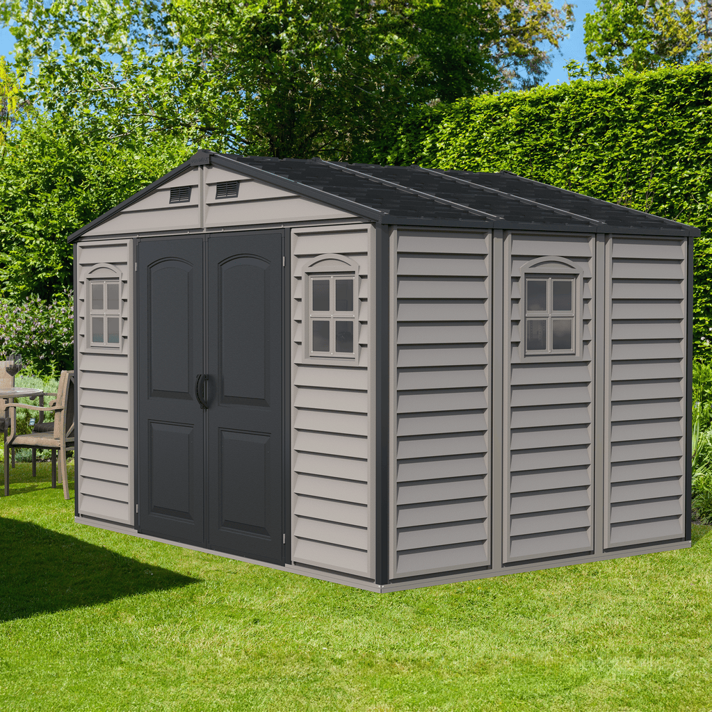 Duramax Woodside Plus 10.5x8 Plastic Vinyl Resin Outdoor Storage Shed With Foundation Kit 30227
