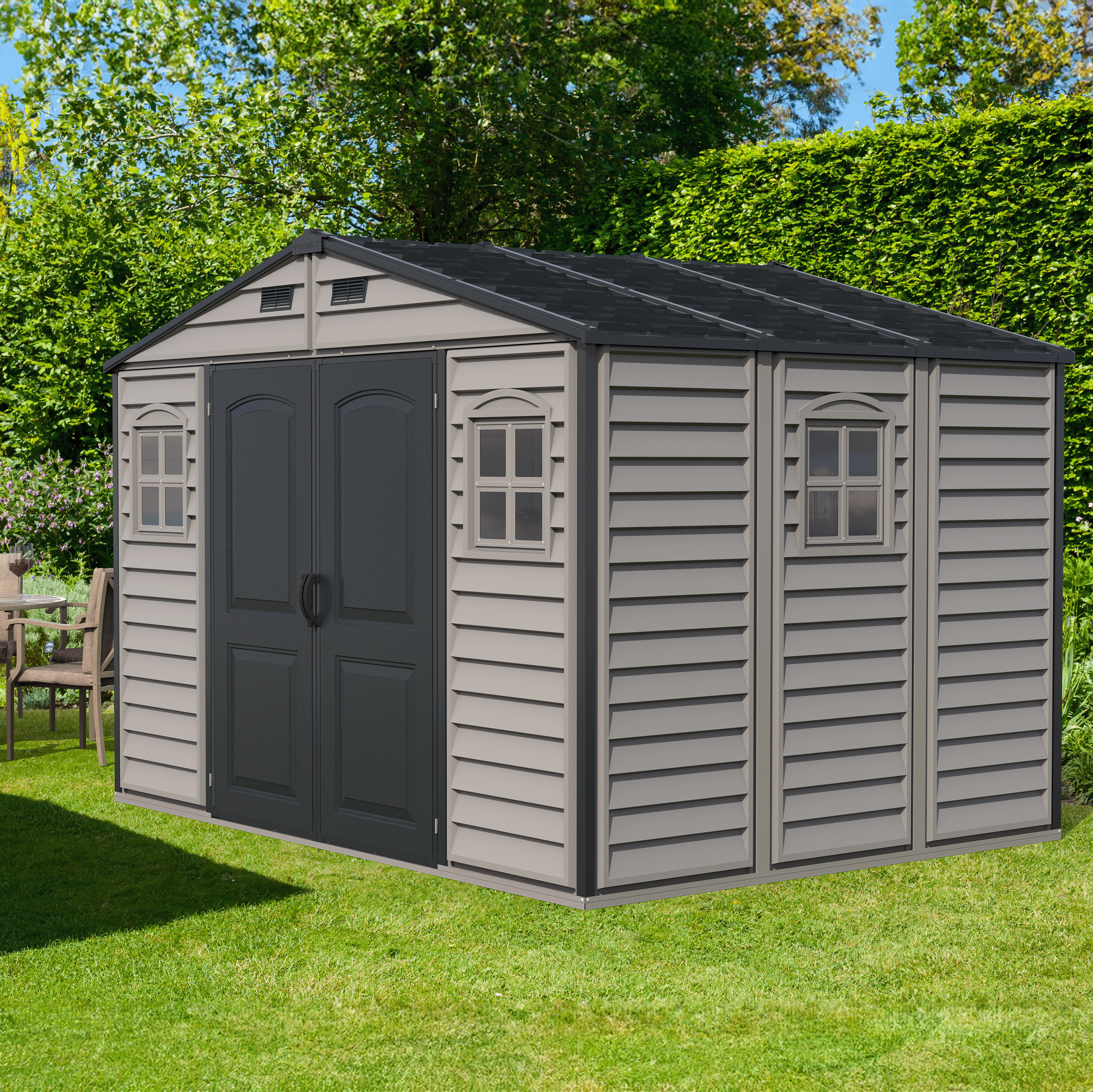 Duramax Woodside Plus 10.5x8 Plastic Vinyl Resin Outdoor Storage Shed With Foundation Kit 30227
