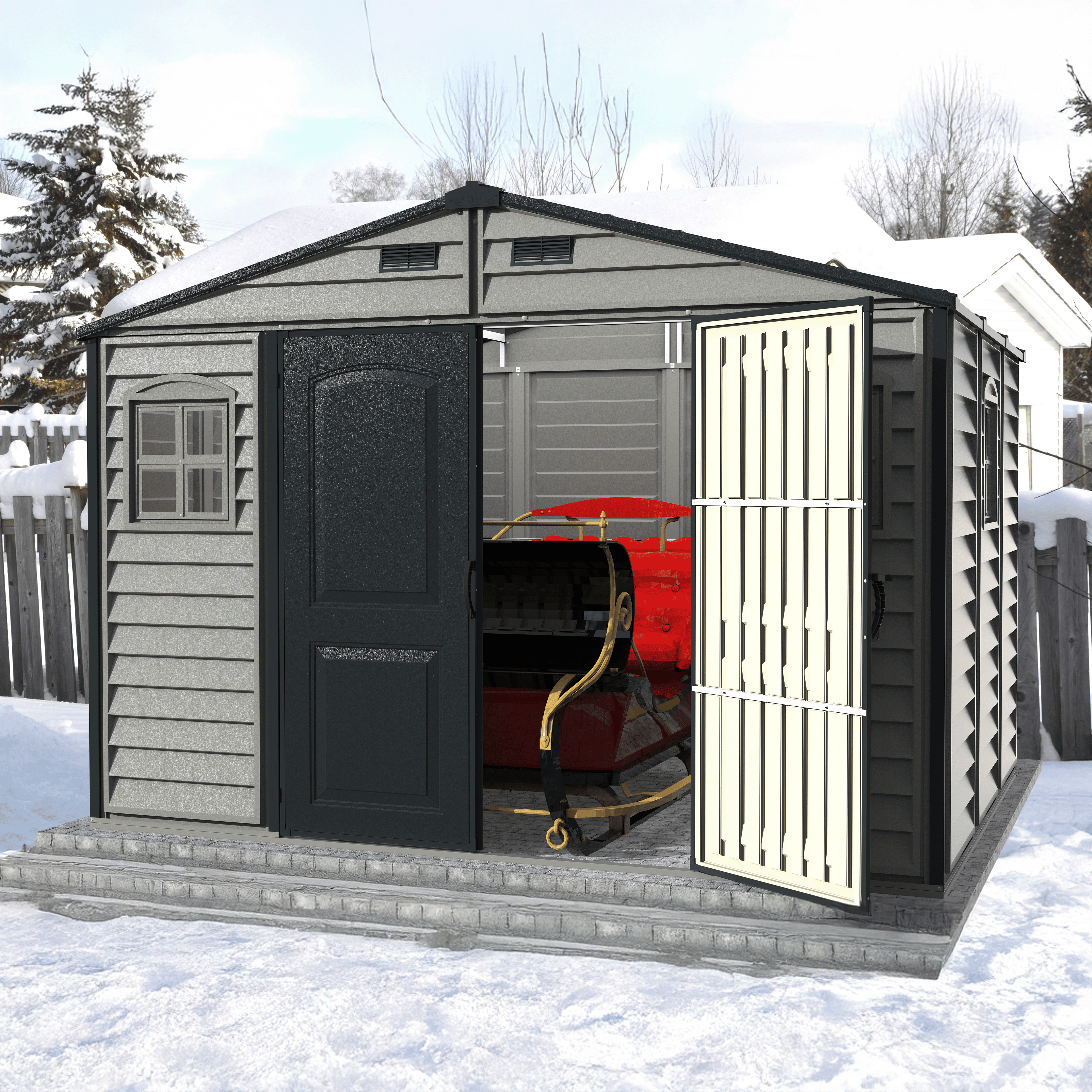 Duramax Woodside Plus 10.5x8 Plastic Vinyl Resin Outdoor Storage Shed With Foundation Kit 30227