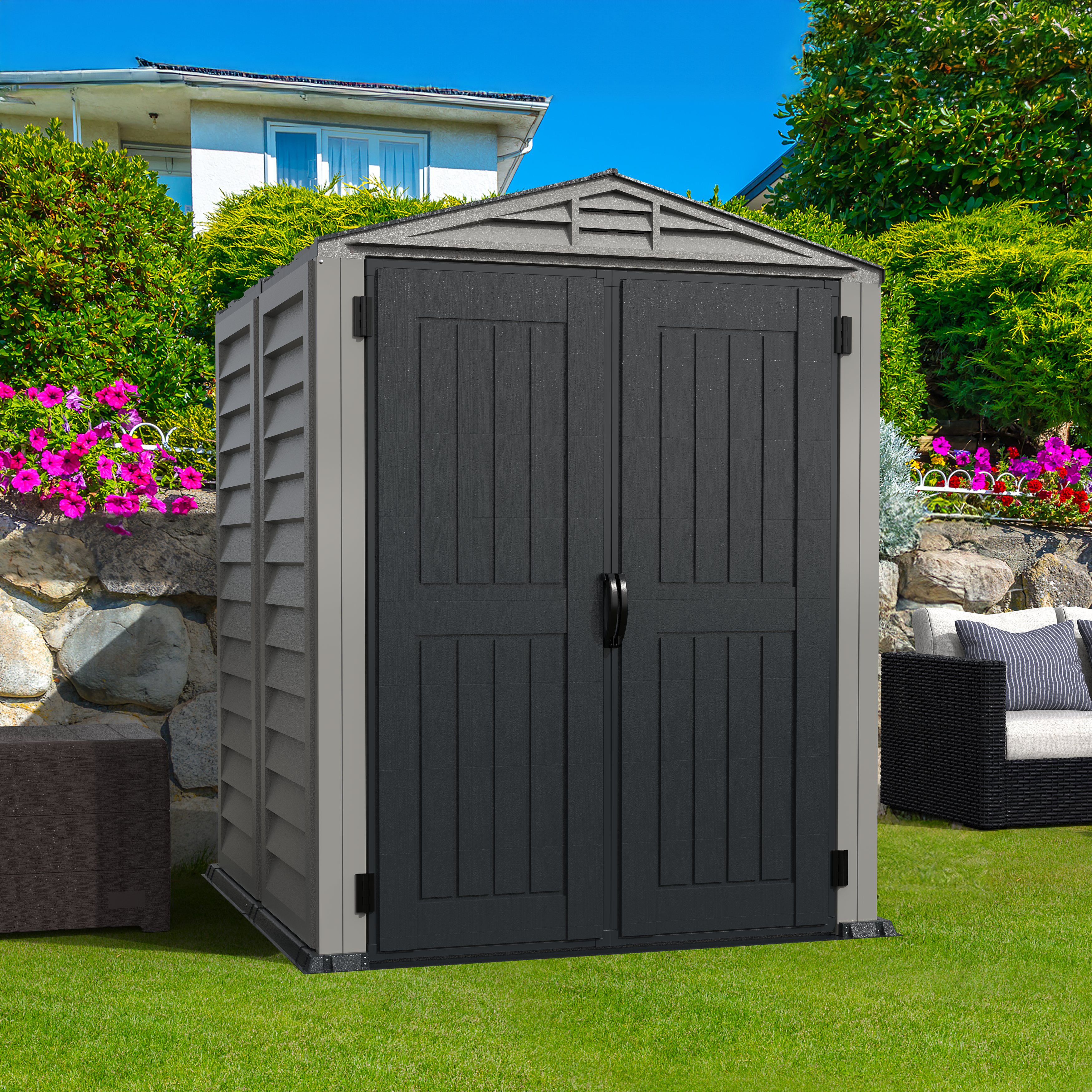 Duramax YardMate Plus 5 ft. 6 in. x 5ft. 6 in. Gray Plastic Vinyl Storage Shed with Molded Floor 35525