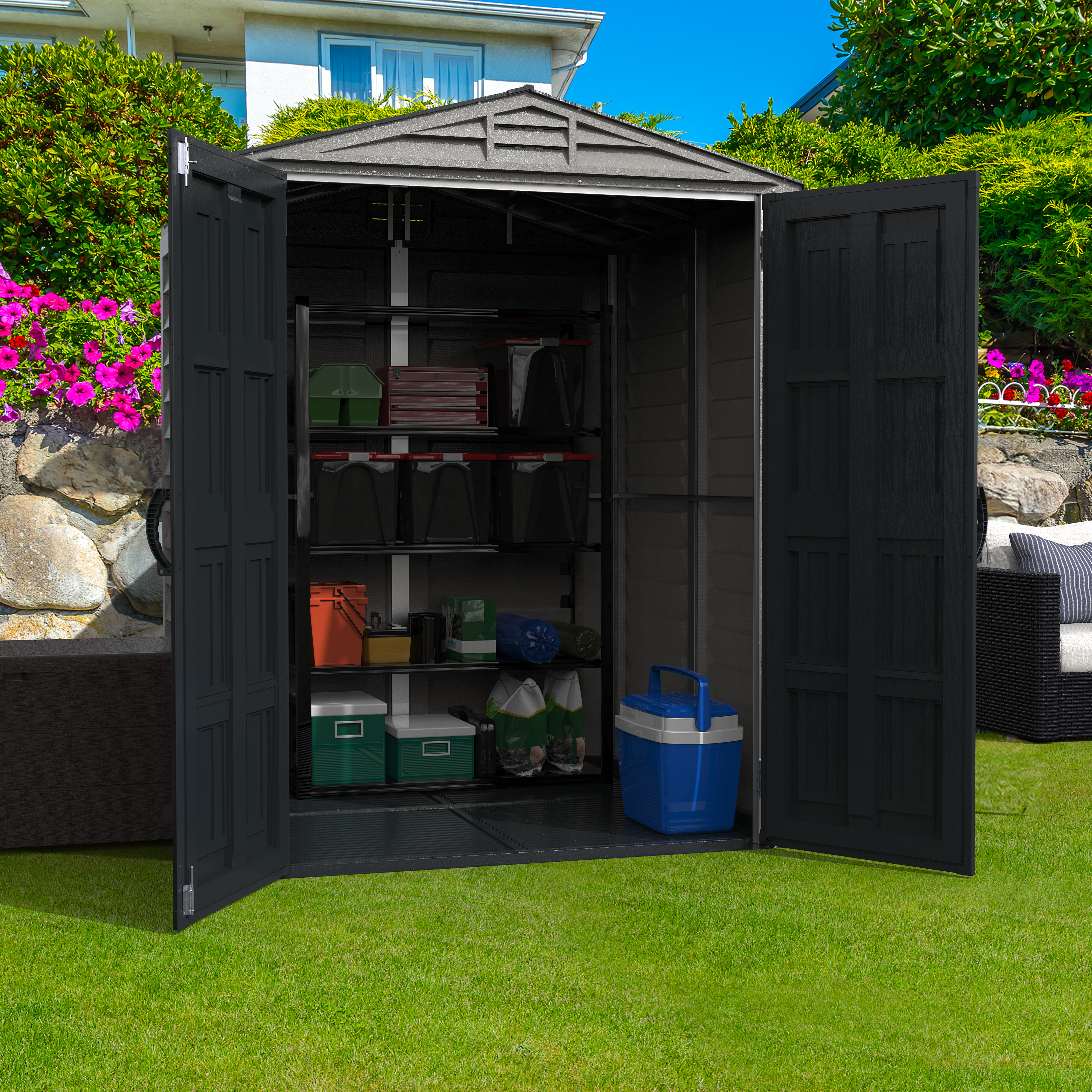 Duramax YardMate Plus 5 ft. 6 in. x 5ft. 6 in. Gray Plastic Vinyl Storage Shed with Molded Floor 35525