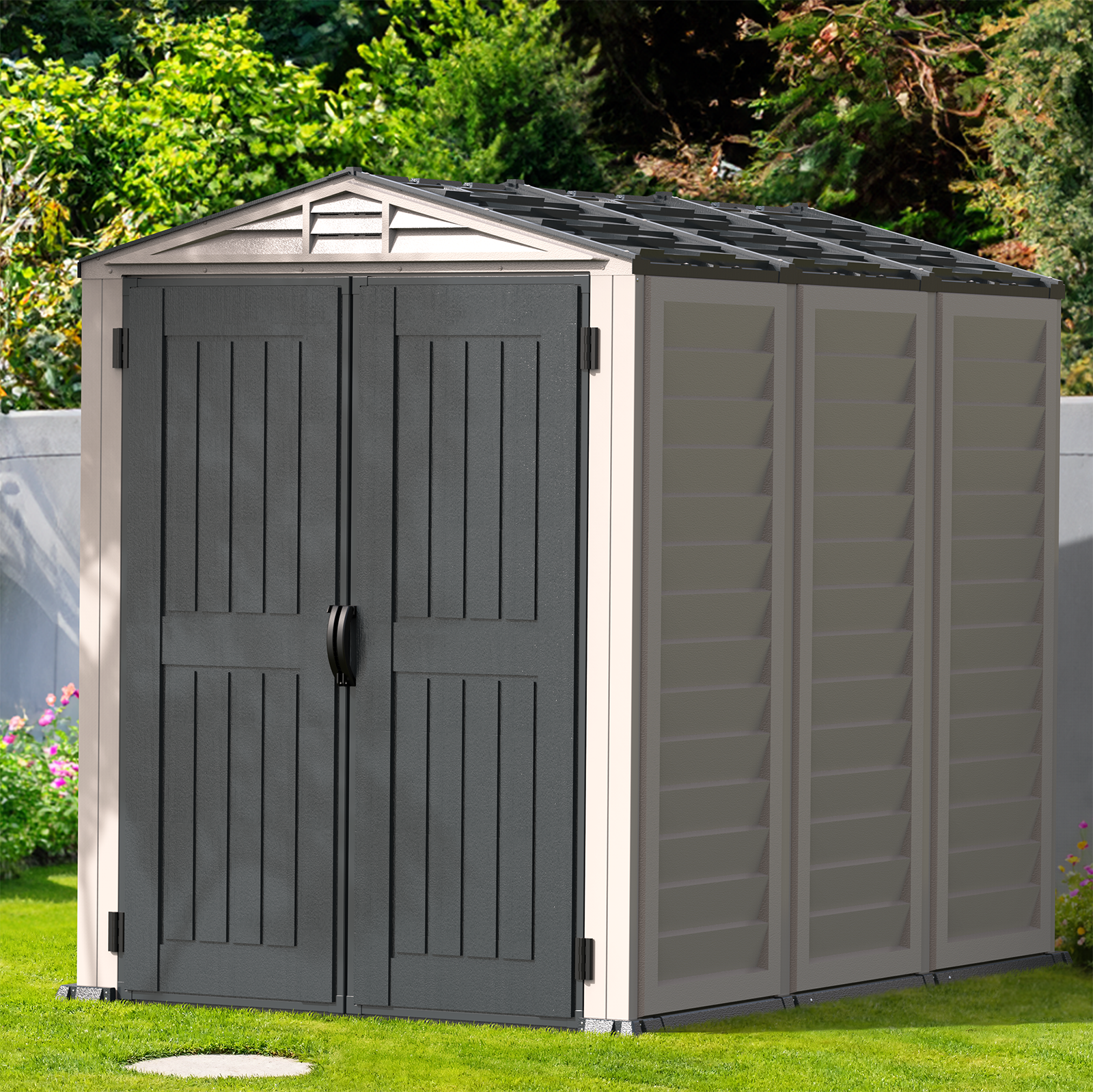 DuraMax YardMate Plus 5 ft. 6 in. x 8ft. Gray Plastic Vinyl Storage Shed with Molded Floor 35825