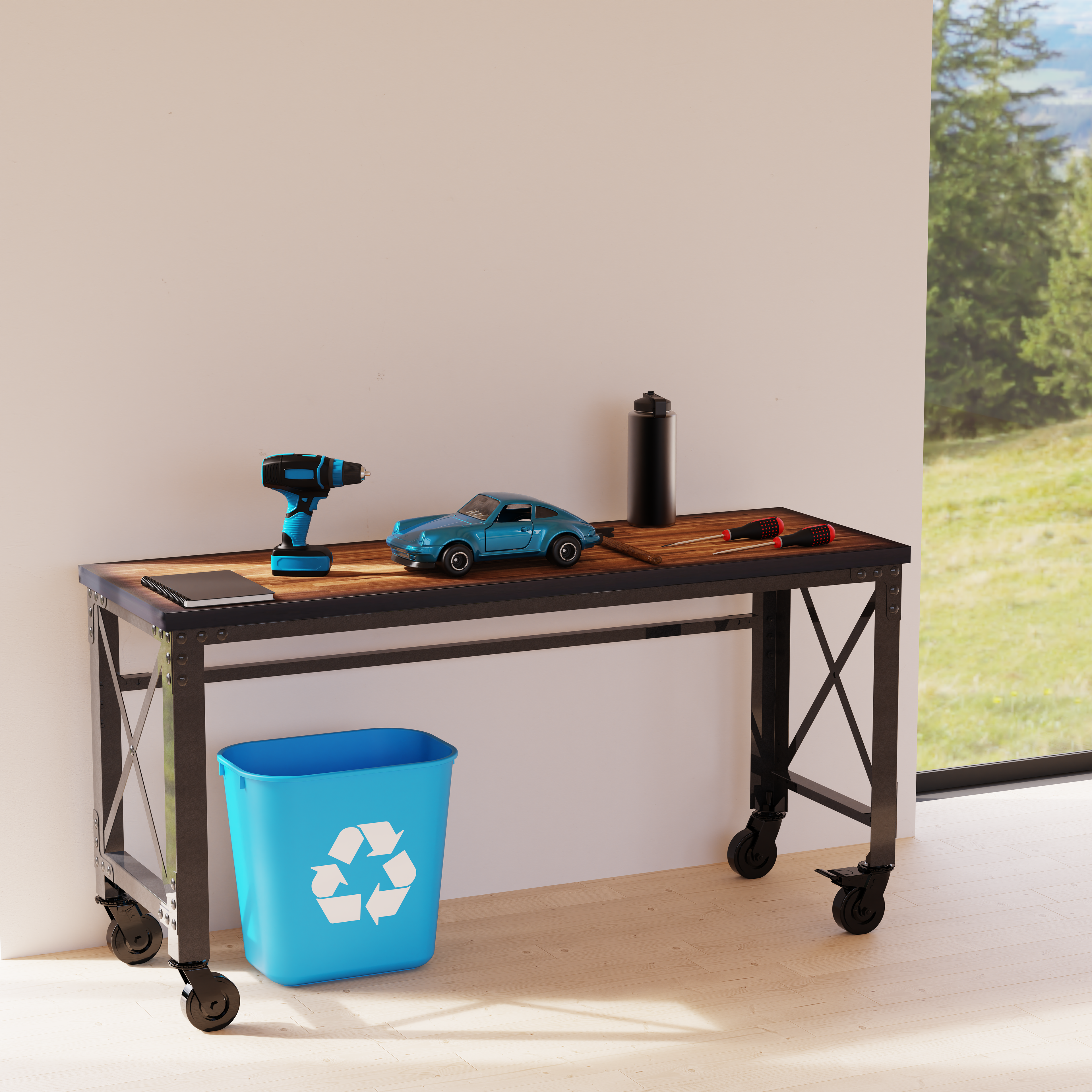 Duramax Rolling Industrial Desk with Wooden Top (4 Size Options)