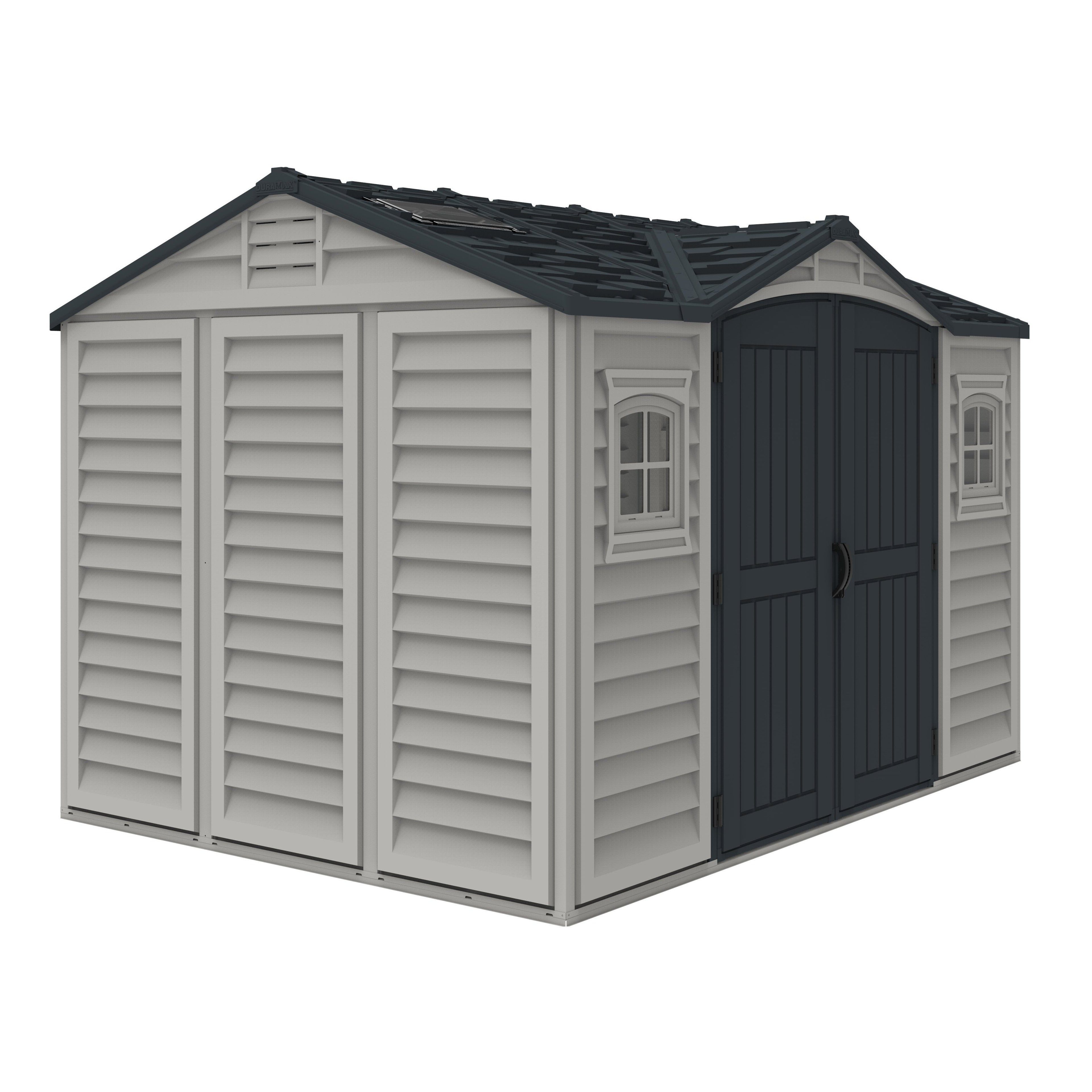 Duramax Apex Pro 10.5'X8' Plastic Vinyl Shed with Foundation, 2 Windows and Side Door 40116