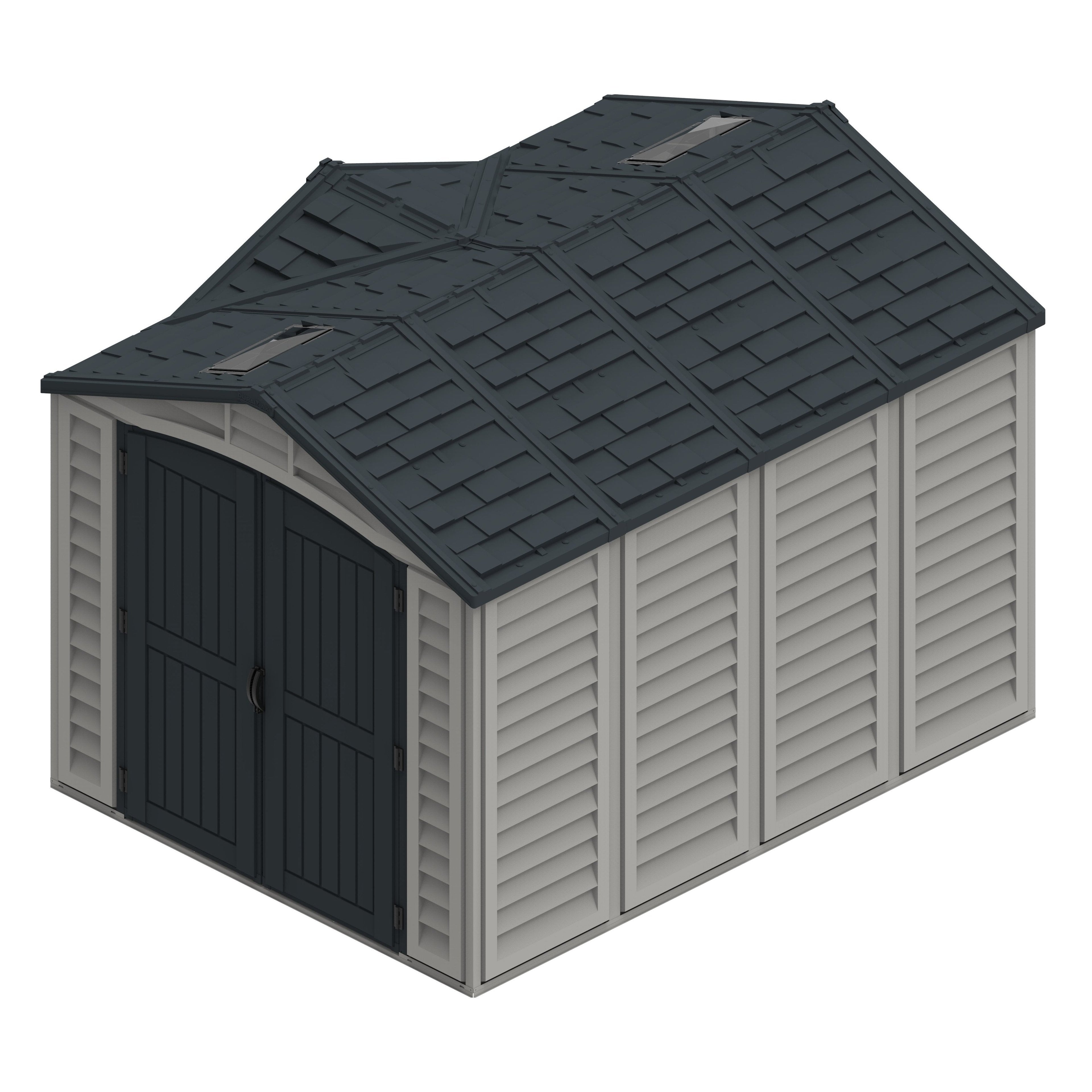 Duramax Apex Pro 10.5'X8' Plastic Vinyl Shed with Foundation, 2 Windows and Side Door 40116