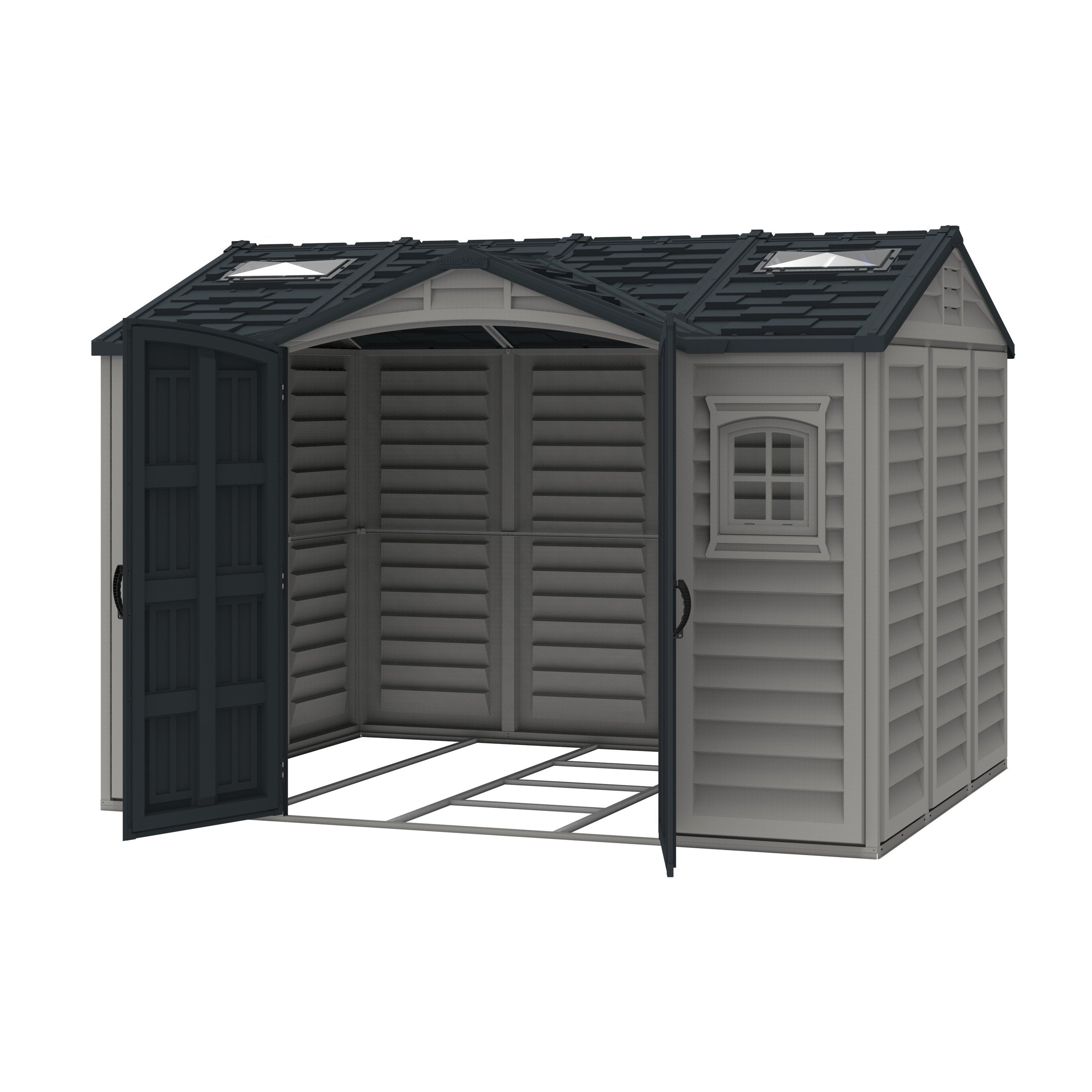 Duramax Apex Pro 10.5'X8' Plastic Vinyl Shed with Foundation, 2 Windows and Side Door 40116
