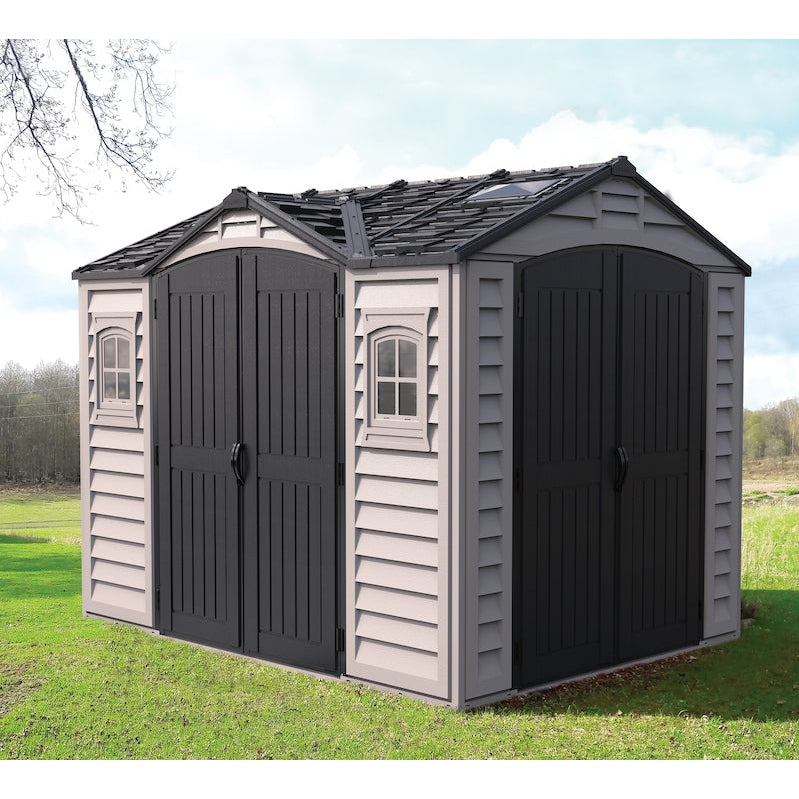 Duramax Apex Pro 10.5'X8' Plastic Vinyl Shed with Foundation, 2 Windows and Side Door 40116