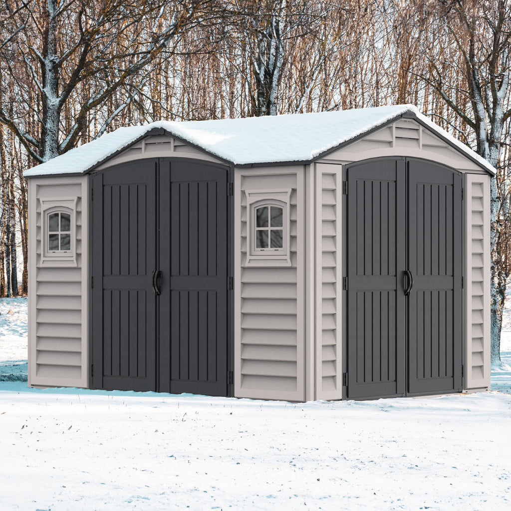Duramax Apex Pro 10.5'X8' Plastic Vinyl Shed with Foundation, 2 Windows and Side Door 40116