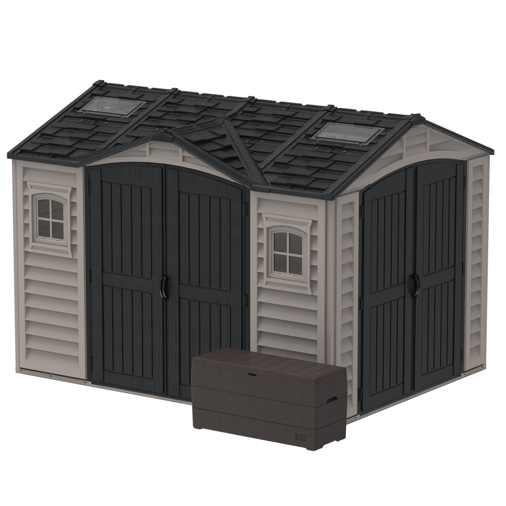 Duramax Apex Pro 10.5'X8' Plastic Vinyl Shed with Foundation, 2 Windows and Side Door 40116